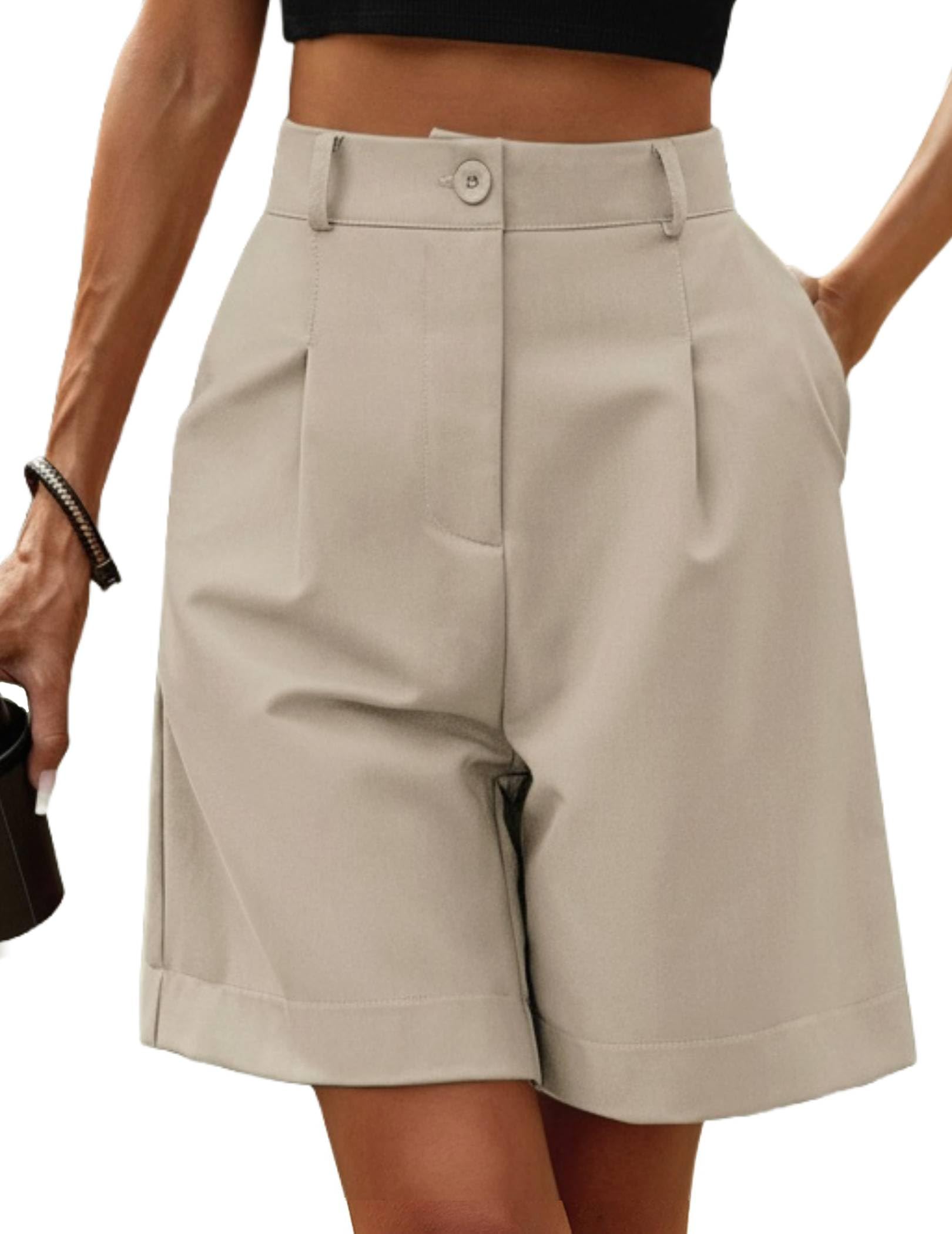 Zeagoo Pantaloncini Donna Estivi Vita Elastica a Vita Alta Bermuda Pantaloncini Casual Gamba Larga Lavoro con Tasche