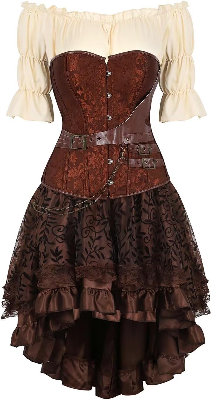 Corset Dress 3 Set Skirt Tutu Set Corsets for Women Steampunk Gothic Punk Leather Bustier Pirate Costume