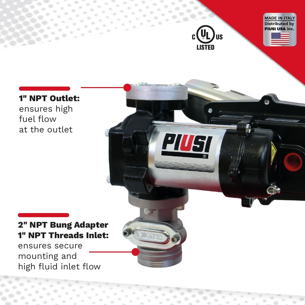 Piusi EX50 Fuel Transfer Pump 12V Cast Iron Body 16 GPM Flow Rate at Nozzle with Spring-Loaded Vanes Built-In Bypass Valve (Pump Only)