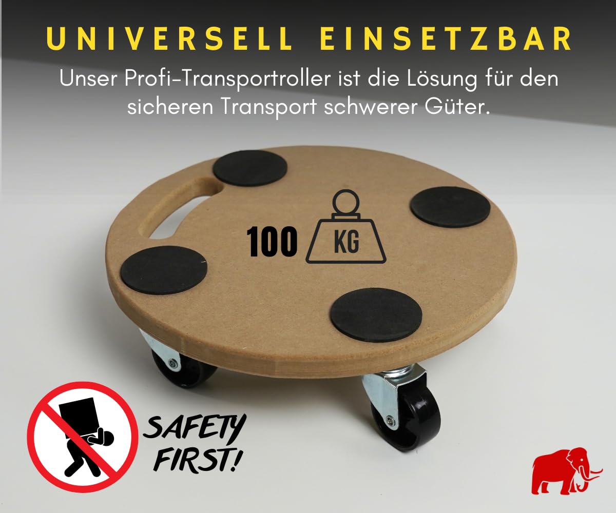 PROREGAL Profi Transportroller Hercules 30x30 cm Rund Schwerlast bis 100 kg mit 4 Gummirollen & Griff, MDF Holzplatte, 8er Set Rollbrett für Möbel Möbelroller Transporthilfe für Umzug Pflanzen