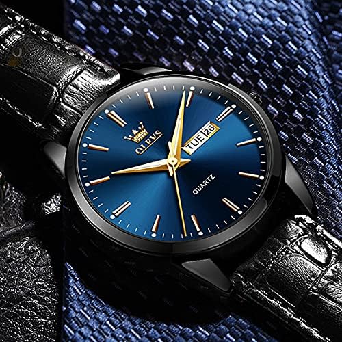 OLEVS Men Watch Black Leather Strap Large Blue Face Analog Quartz Classic Dress Date Luminous Waterproof Gents Wrist Watch - Image 5