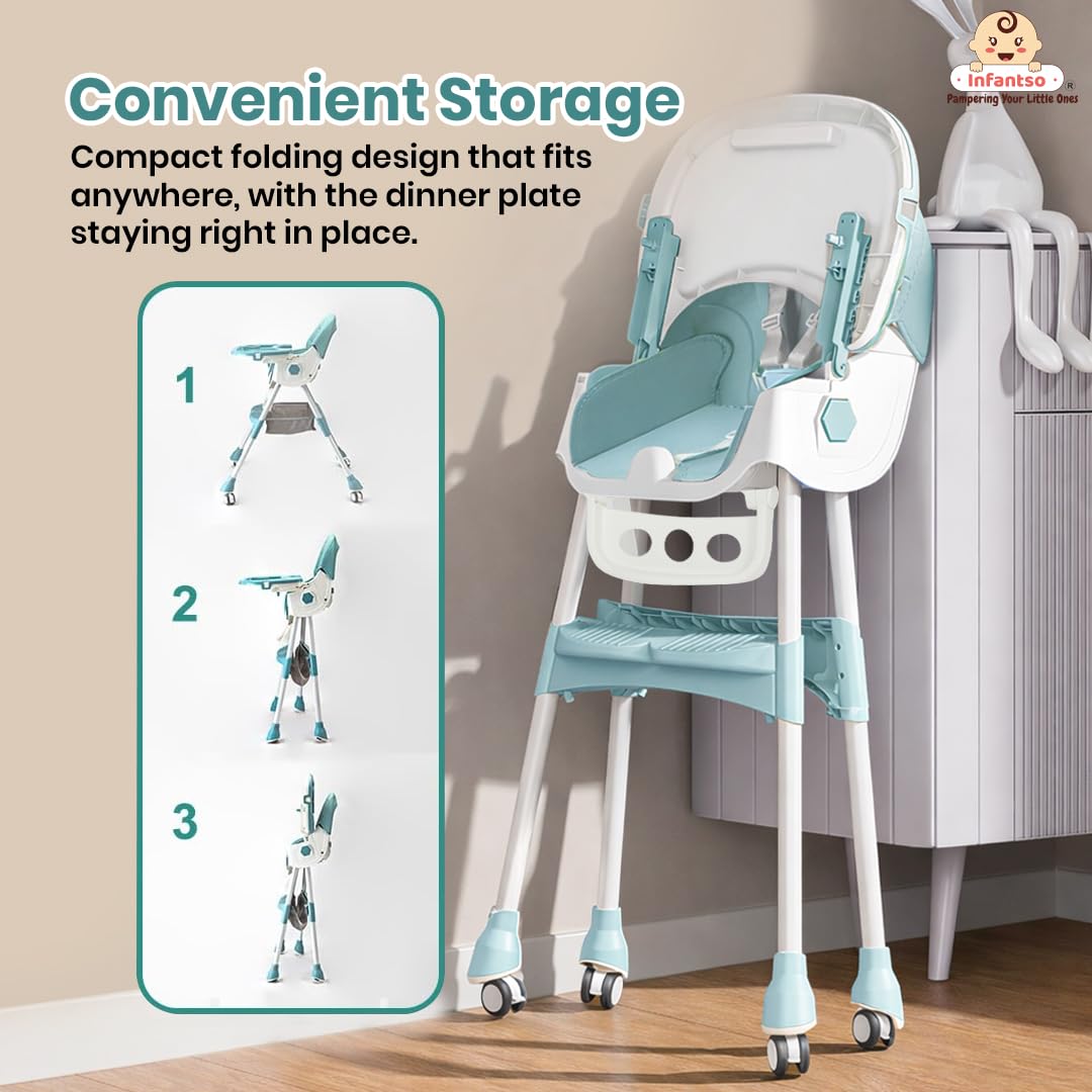 Infantso Feed-X (5-in-1) Baby High Chair/Baby Feeding Chair with Foot Support for 0 to 5 Years Baby, High/Feeding Chair Foldable, Height Adjustable, Safety Harness, Wheels, Cushion, Portable Chair 3