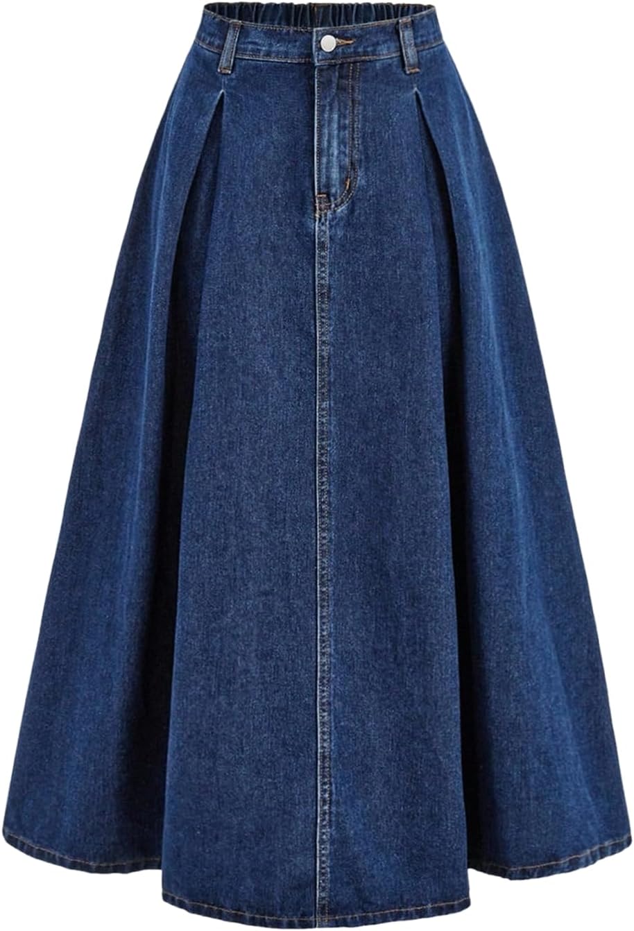 GORGLITTER Girl's Denim Jean Skirt Western Pleated Elastic High Waist A Line Maxi Long Skirts Concert Going Out Outfits
