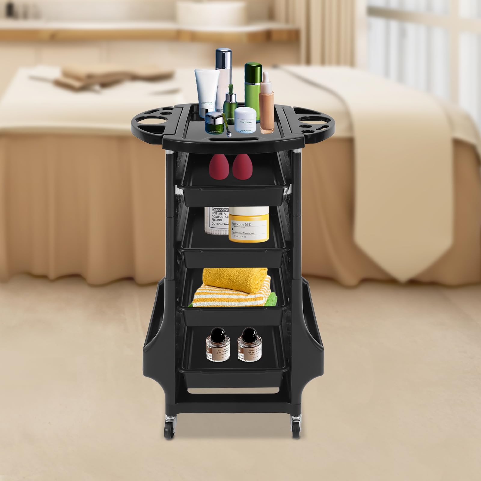 Salonwagen Kosmetikwagen mit 4 ausziehbaren Fächern,Friseur Zubehör,Bedienungswagen, Friseur Arbeitswagen Drehbar,Friseurwagen,Zwei Seitenrahmen für Beauty Salon SPA 52 × 44 × 79 cm
