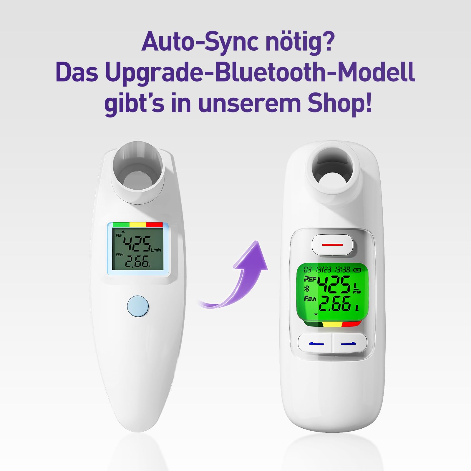 Peak Flow Meter, Kein Bluetooth, für Asthma COPD, PEF & FEV1, Risikoanzeige | LCD-Display, zur Überwachung der Lungenfunktion, Papier Tagebuch Formular, AAA-Batterien betriebe, Digitales Spirometer