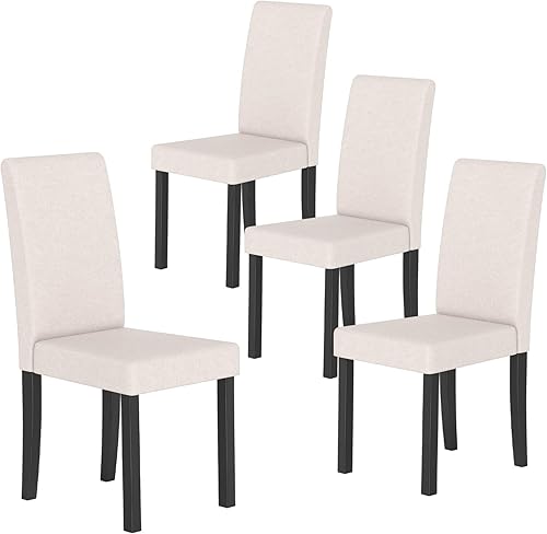 COSTWAY Juego de 4 sillas de comedor, sillas laterales de cocina tapizadas de tela sin brazos con patas de madera de goma, asiento acolchado y