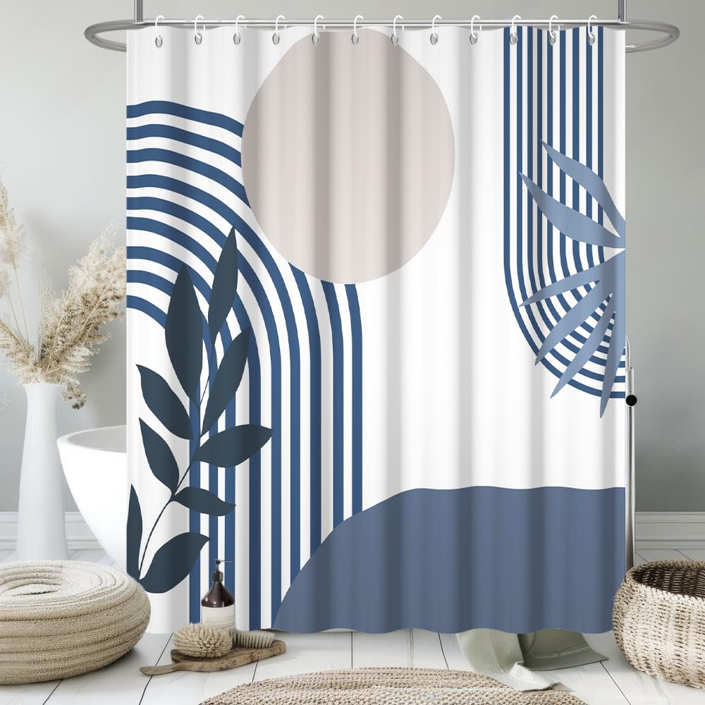Tenda Doccia Antimuffa, Tenda da Doccia 180x200cm Boho Chic Blu Navy Astratta Grigio Sole Blu Scuro Foglie Tende da Bagno Tessuto Lavabile Impermeabile Tende per Vasca da Bagno con 12 Anelli