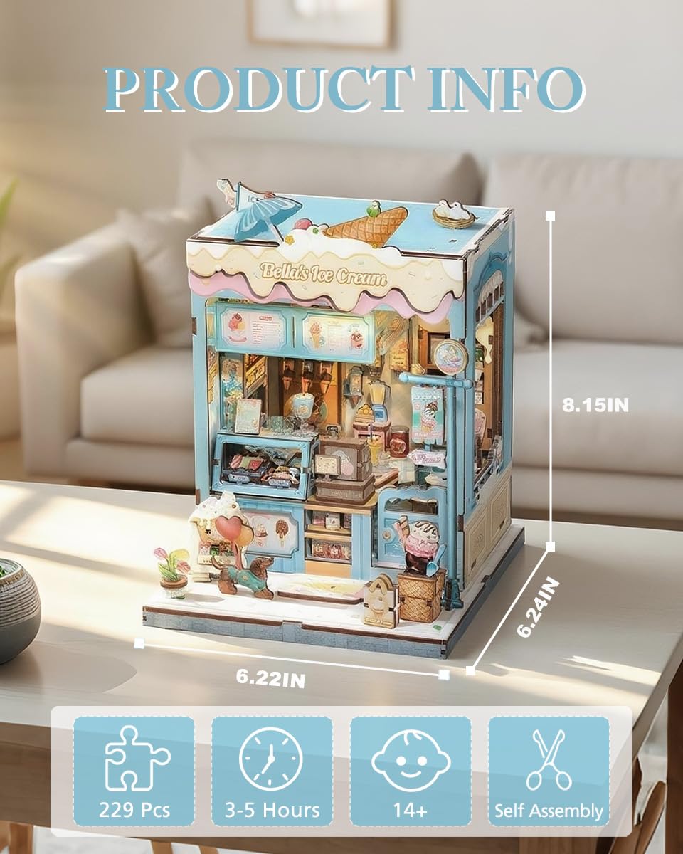 Cutefun Book Nook Kit - Mini Case delle bambole con Luci LED - Modellino Fai da Te per Decorare Librerie - Idea Regalo Unica per Appassionate di Puzzle(Bella‘s Ice Cream)