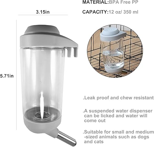 Miniatura 2 de Botella de agua para perros  Dispensador de agua para mascotas sin goteo de 12 onzas, botella de agua de jaula fácil de usar para perros, gatos,