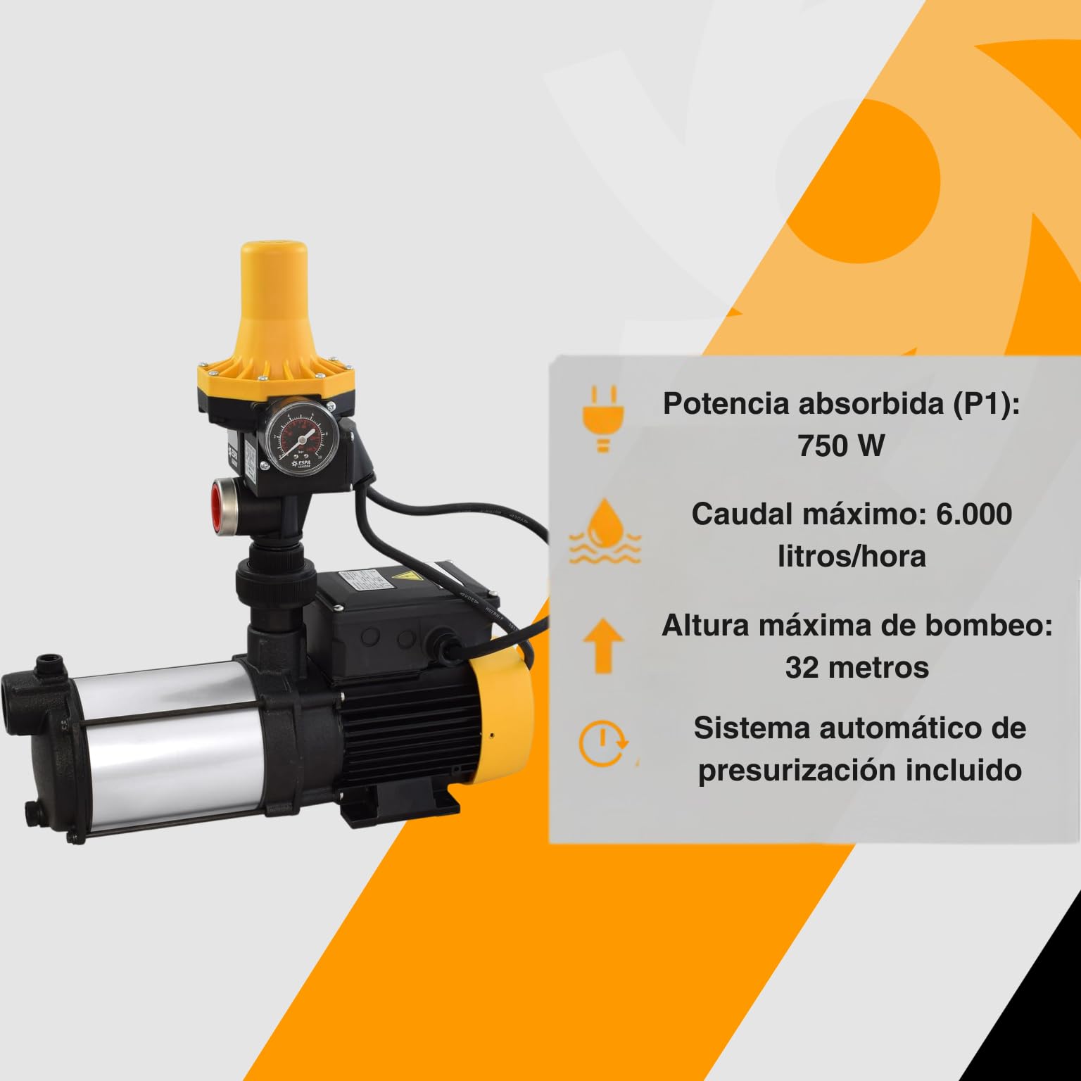 ESPA LEADER Grupo de Presión MISTRAL 90 4M 02, Bomba Aguas Limpias con Kit de Presión, 750 W, Caudal Máx 6.000 l/h, Altura 32 m, Uso Doméstico, Riego y Conjuntos Hidroneumáticos, Acero de Fundición