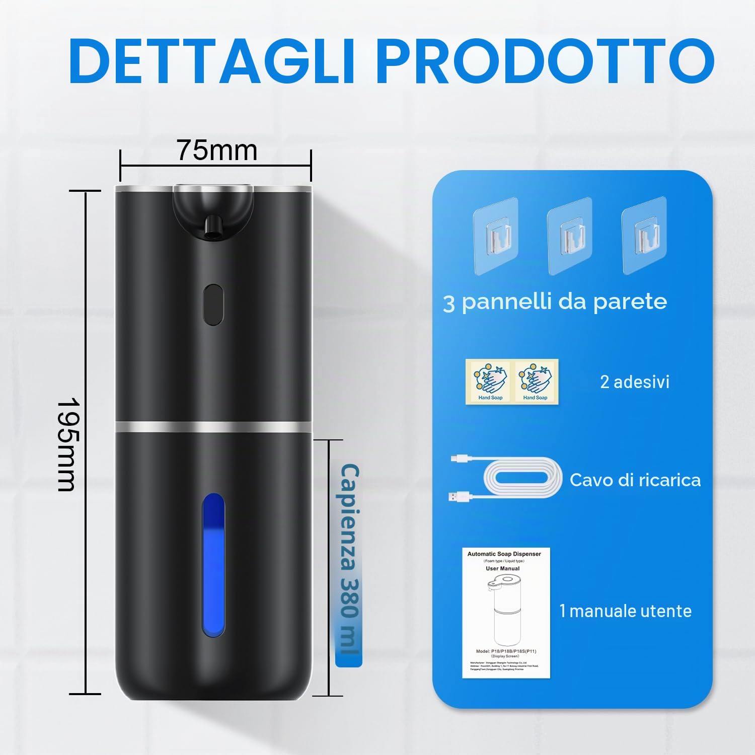Fachixy Dispenser Sapone Automatico con Display Digitale, Touchless, Montaggio a Parete Dispenser Sapone Bagno, Ricaricabile, 380ml, IPX5 Impermeabile per Bagno, Cucina