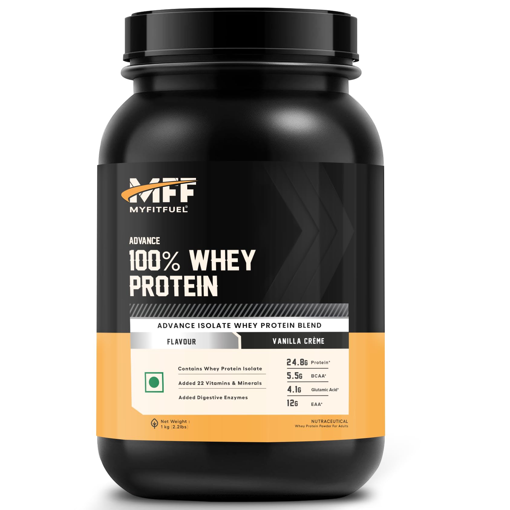 MyFitFuel Advance MFF 100% Whey Protein Powder, Whey With Digestive Enzymes and Multi Vitamins | 1 Kg, 28 Servings (Vanilla Creme)