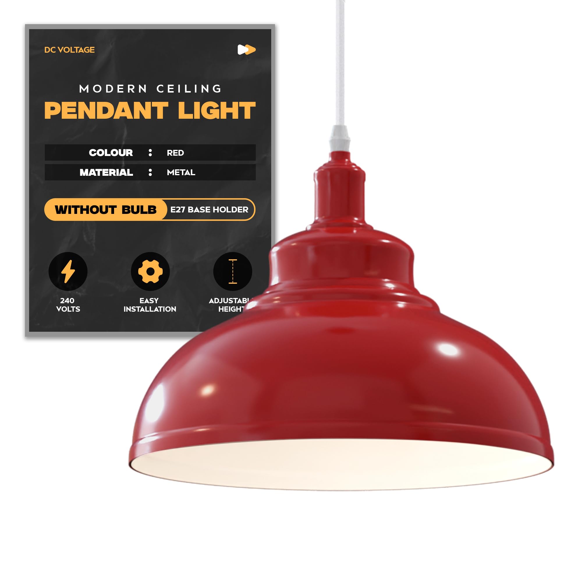 DC VOLTAGE Modern Ceiling Pendant Light Red Metal 29cm Width Lampshade Easy Fit E27 Base