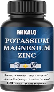 Potassium Magnesium Supplement,Potassium Citrate,Magnesium Glycinate,Zinc,Vitamin D3 &K2,High Absorption, Support Immune & Energy for Women & Men,Non-GMO,120 Count(Pack of 1)