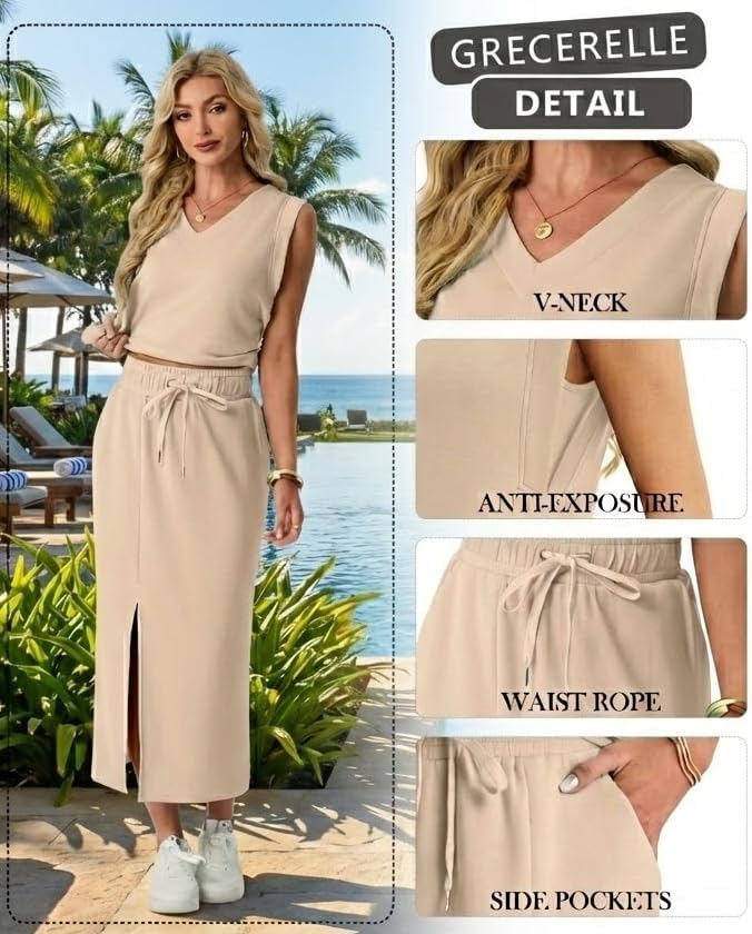 GRECERELLE 2026 Casual 2 Piece Sets For Women Summer V Neck Wrinkle-Free Sleeveless Top Side Slit Maxi Skirt With Pockets - Image 2