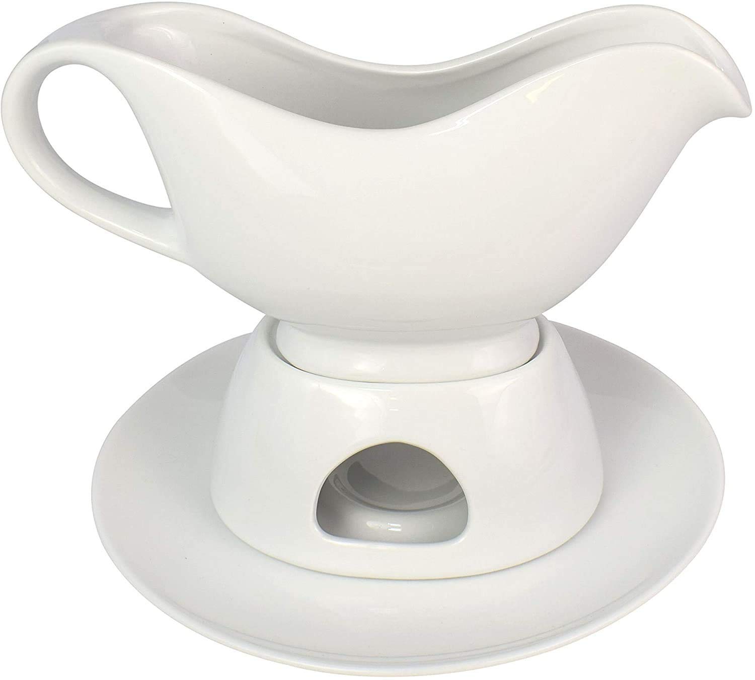 KOVOT 12 Ounce Gravy Boat, Warming Stand & Tray | Ceramic White Gravy Dish With Tealight Warming Option