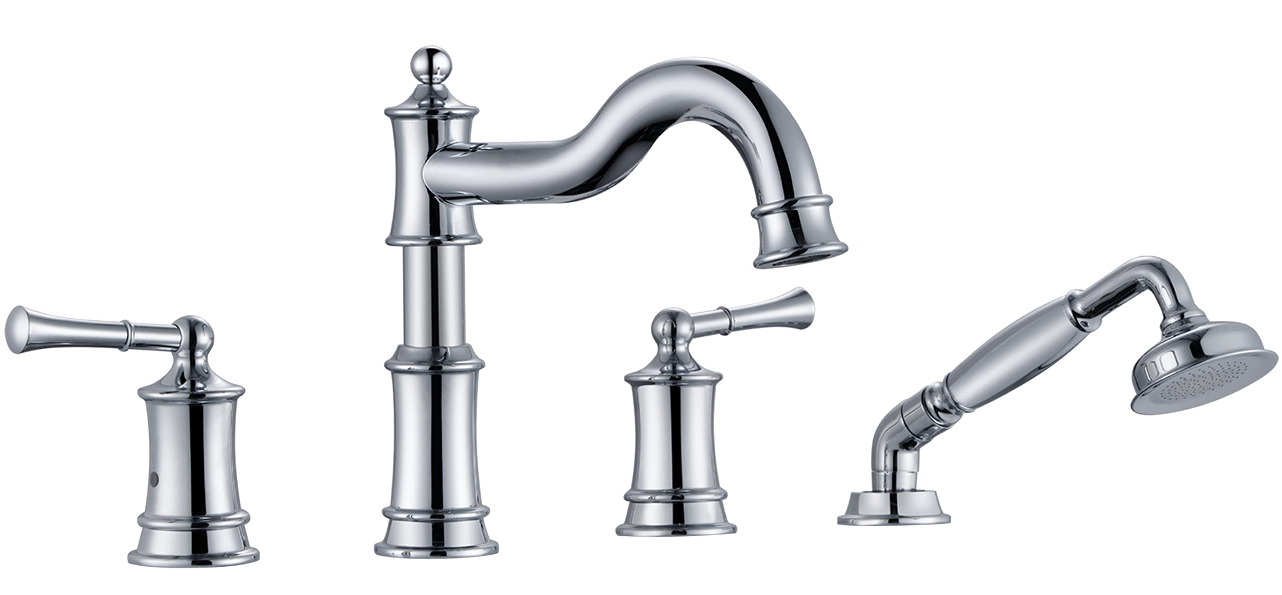 Roman Bathtub Faucet Set With Hand Shower 4 Hole Deck Mount Tub Filler With Diverter, 2 Lever Handle Rough-in Valve and Water Supply Lines Included for Bathroom Tub, Chrome
