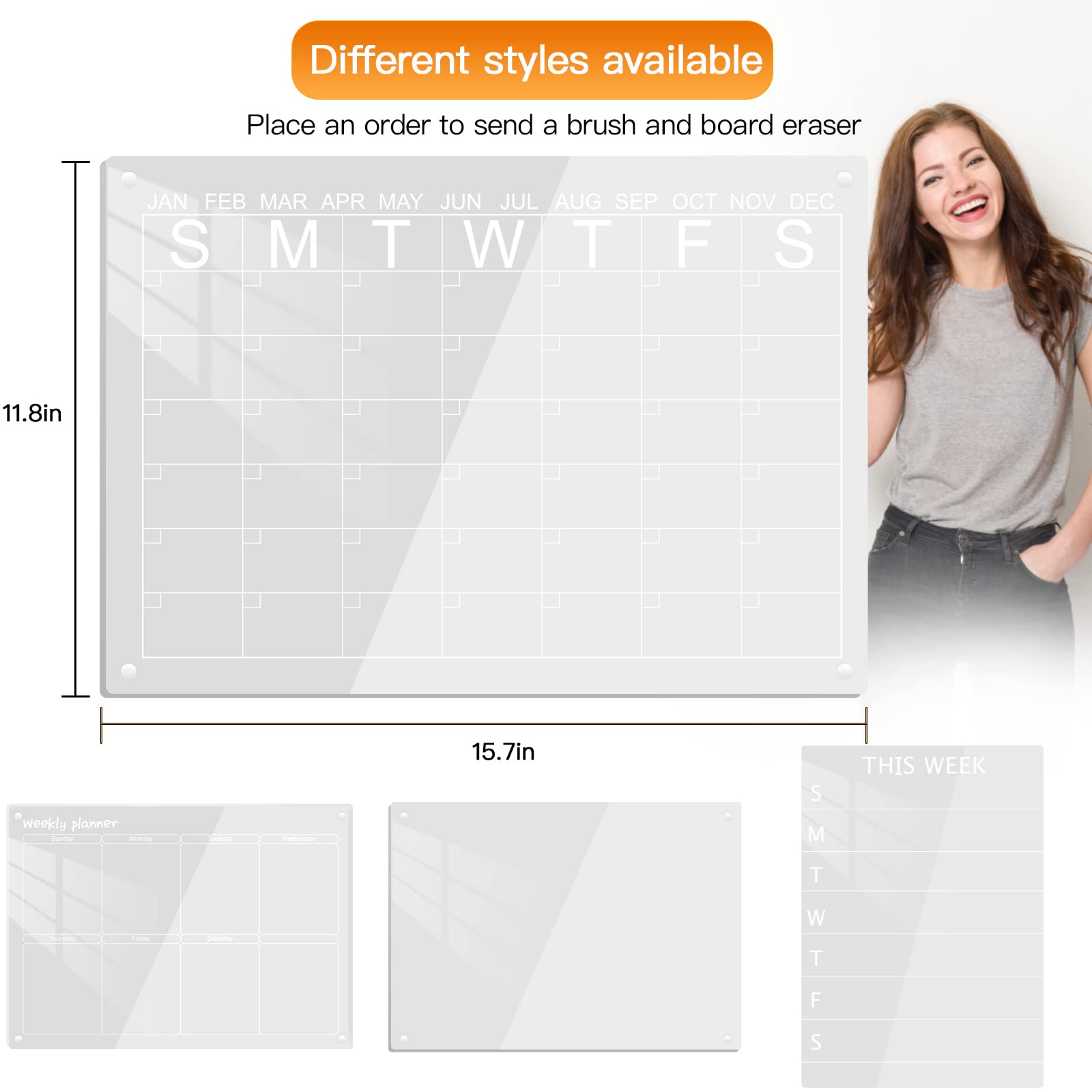 2PCS Acrylic Dry Erase Board Calendar and Message Board for Fridge 16"x12" Inches Clear Dry Erase Calendar for Refrigerator Includes 6 Colorful Dry Erase Markers (C-Message+Weekly Plan)