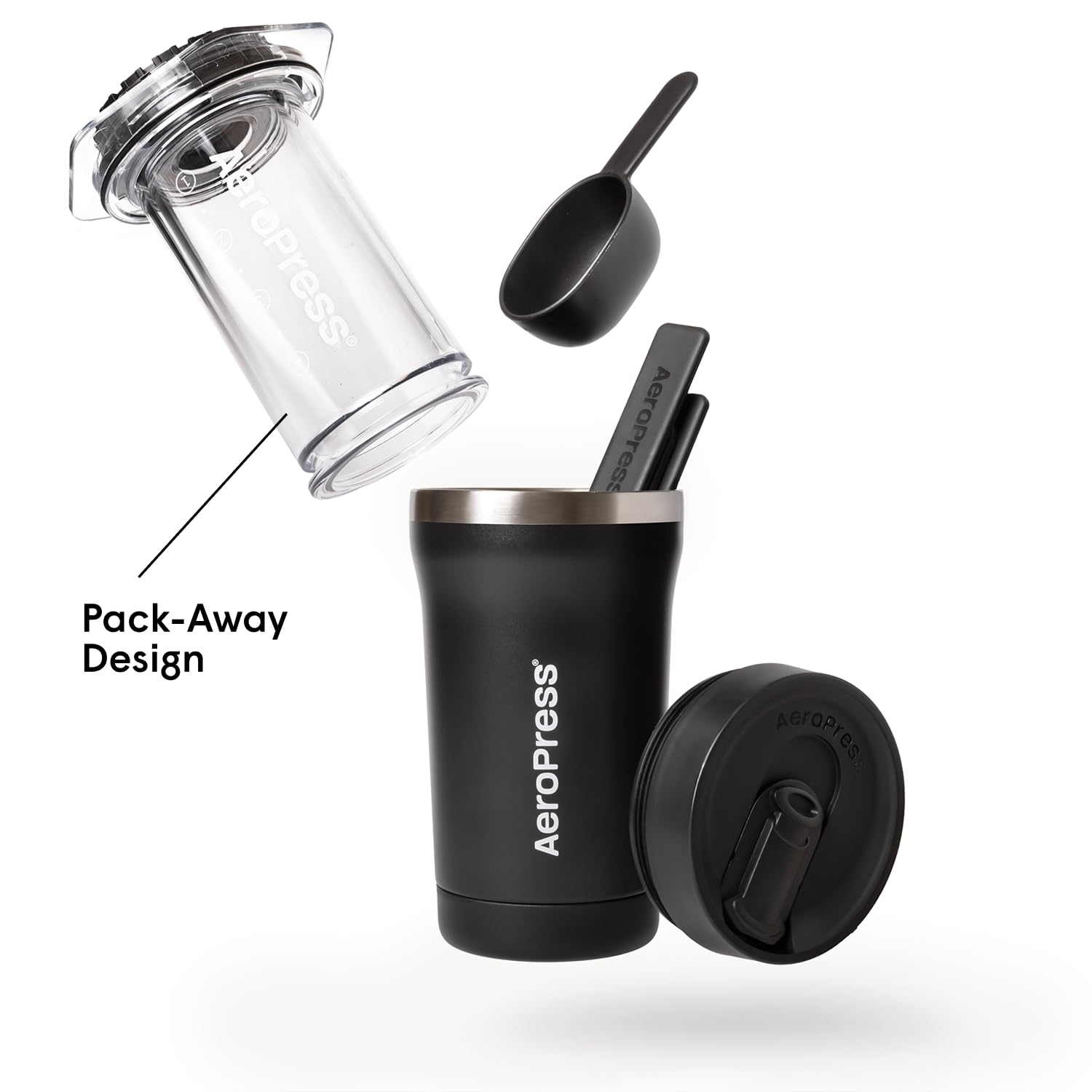 AeroPress Go Plus cafetera portátil pequeña, ideal para viajes, camping y oficina, prensa francesa todo en uno, cafetera manual estilo espresso y pour-over, preparación en 2 min, Negro