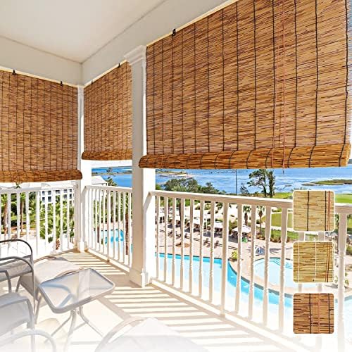 Lsjoaw Roll Up Reed Shade Outdoor 10x24in(WxH)/25x61CM Bamboo Shades Blinds Patio Reed Blinds Roman Roller Blinds Reed Curtain with Lifter Porch Window Privacy Roll Up Blinds,Brown