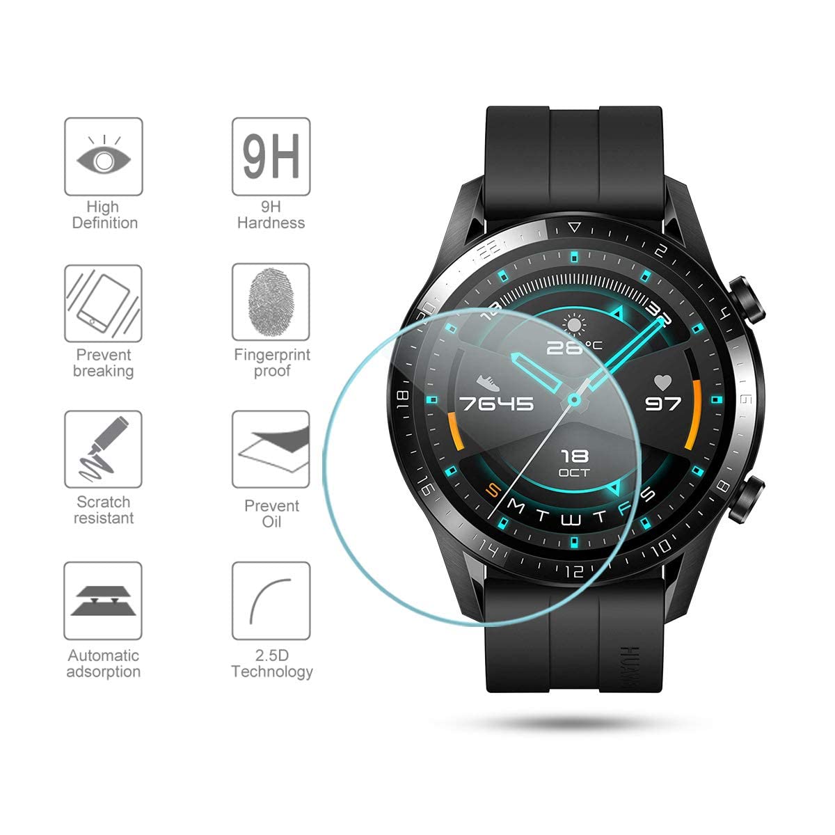 Diruite 4 Sztuki Ochraniacz Ekranu do HUAWEI Watch GT 2 (46mm Version)/HUAWEI Watch Ultimat,HD Szkło Hartowane Folia Ochronna Smartwatchy[Anti-scratch,Bez Bąbelków]