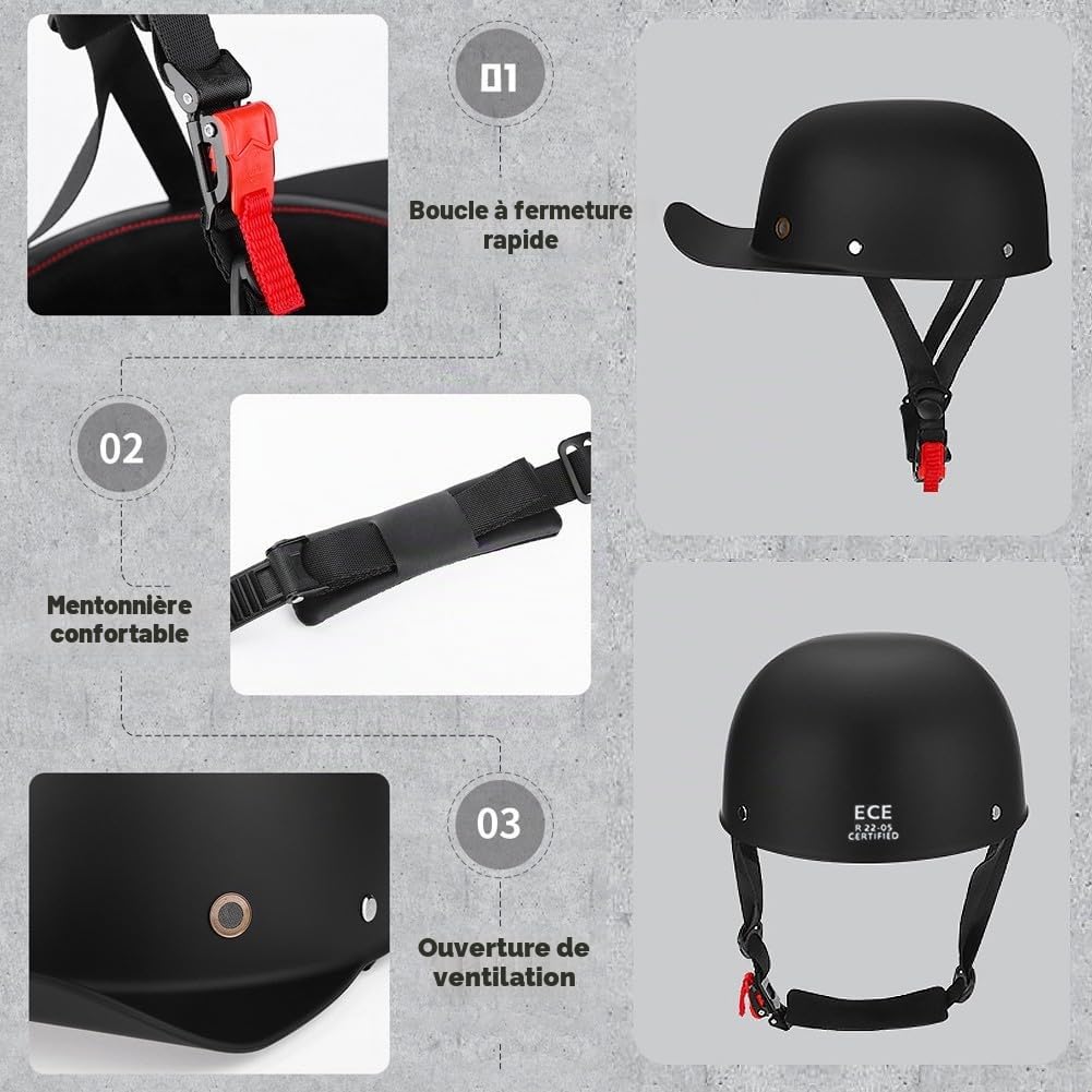 Casque de Moto Ouvert Rétro Casquette de Baseball Casque Jet Demi-Casques Hommes Femmes pour Scooter Cyclomoteur Cruiser Cap Street Jet, Approuvé par ECE, pour Hommes et Femmes
