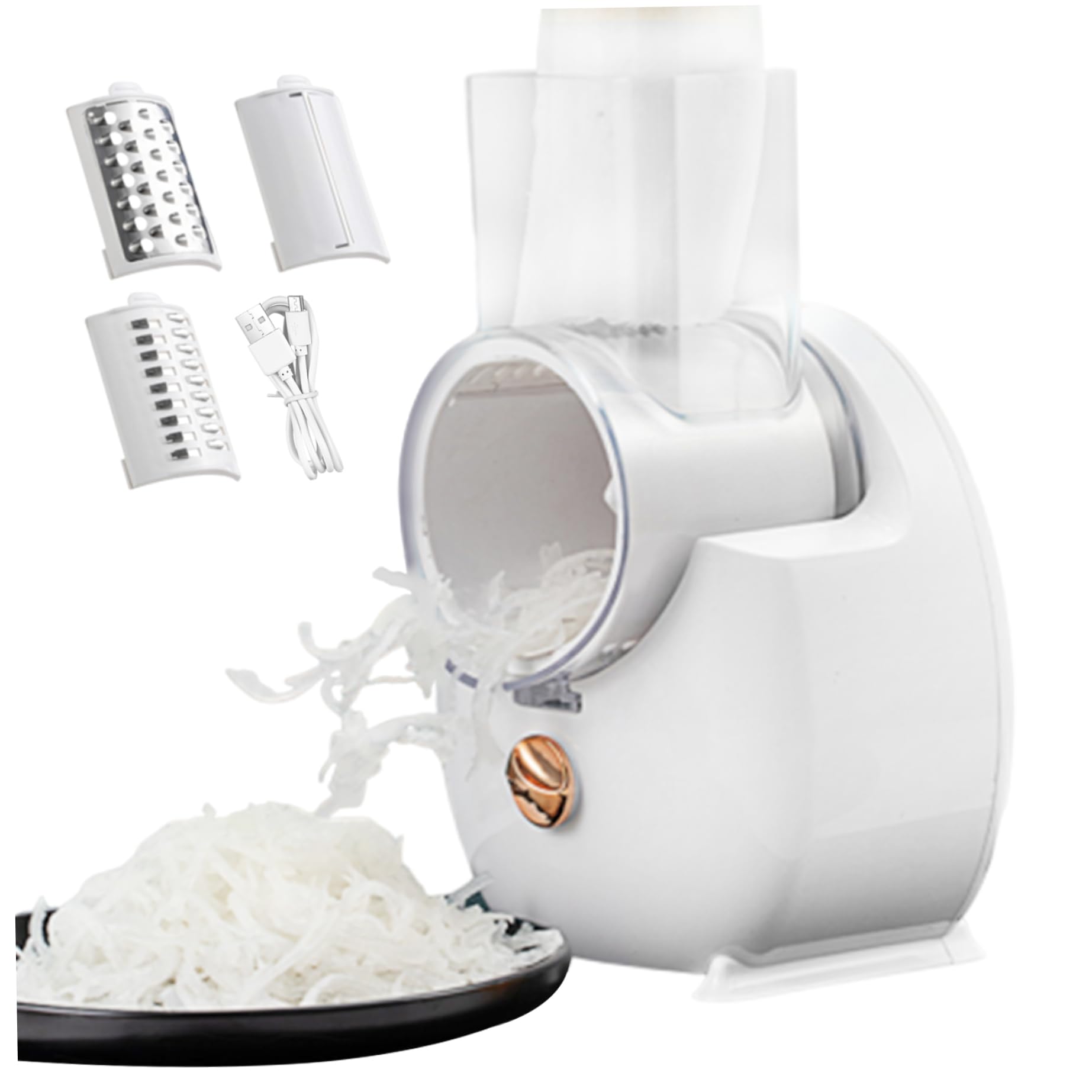 Rallador de Queso eléctrico Trituradora automática con 3 Accesorios Picadora USB Cortadora de ensaladas