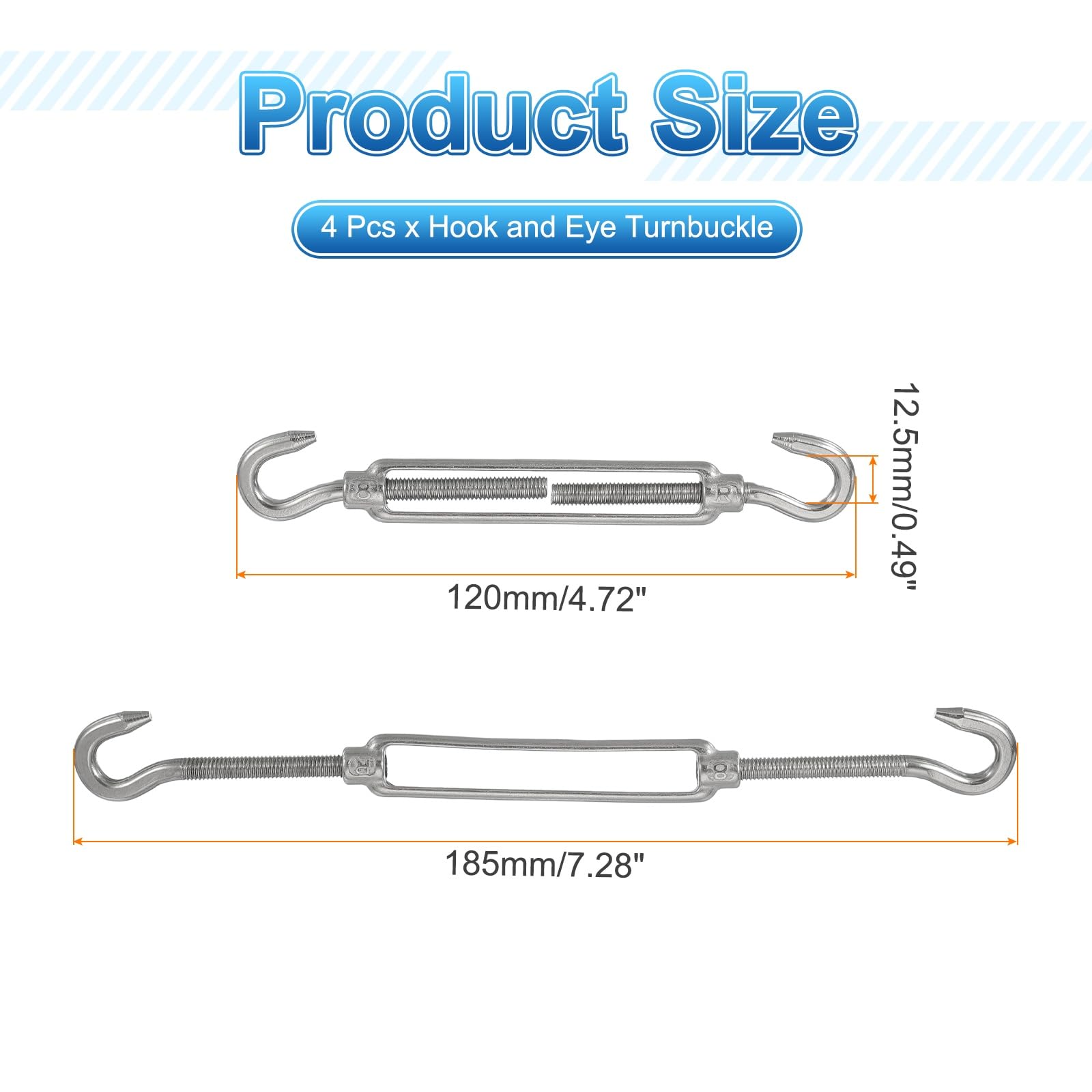 uxcell Lot de 4 tendeurs à crochet M8 en acier inoxydable 304, tendeurs réglables pour câbles, voile d'ombrage, corde à linge, tension de corde, argenté