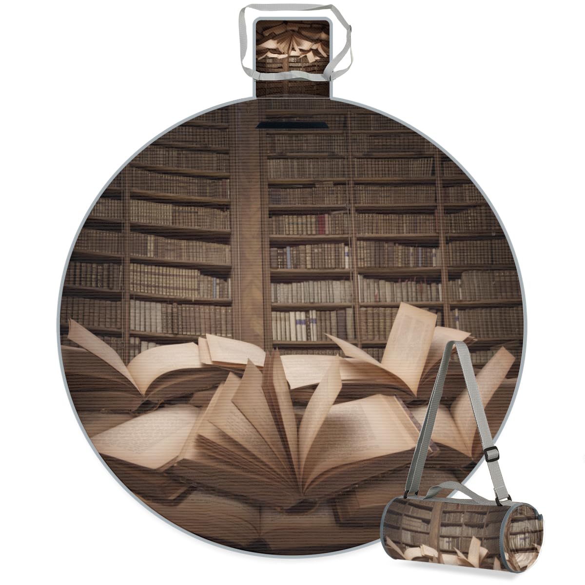 Shimoshe Pile of Open Books On The Table Picnic Outdoor Blanket Foldable Waterproof Sandproof Beach Blanket Portable Water-Resistant Round Picnic Mat for Travel Camping Park Lawn