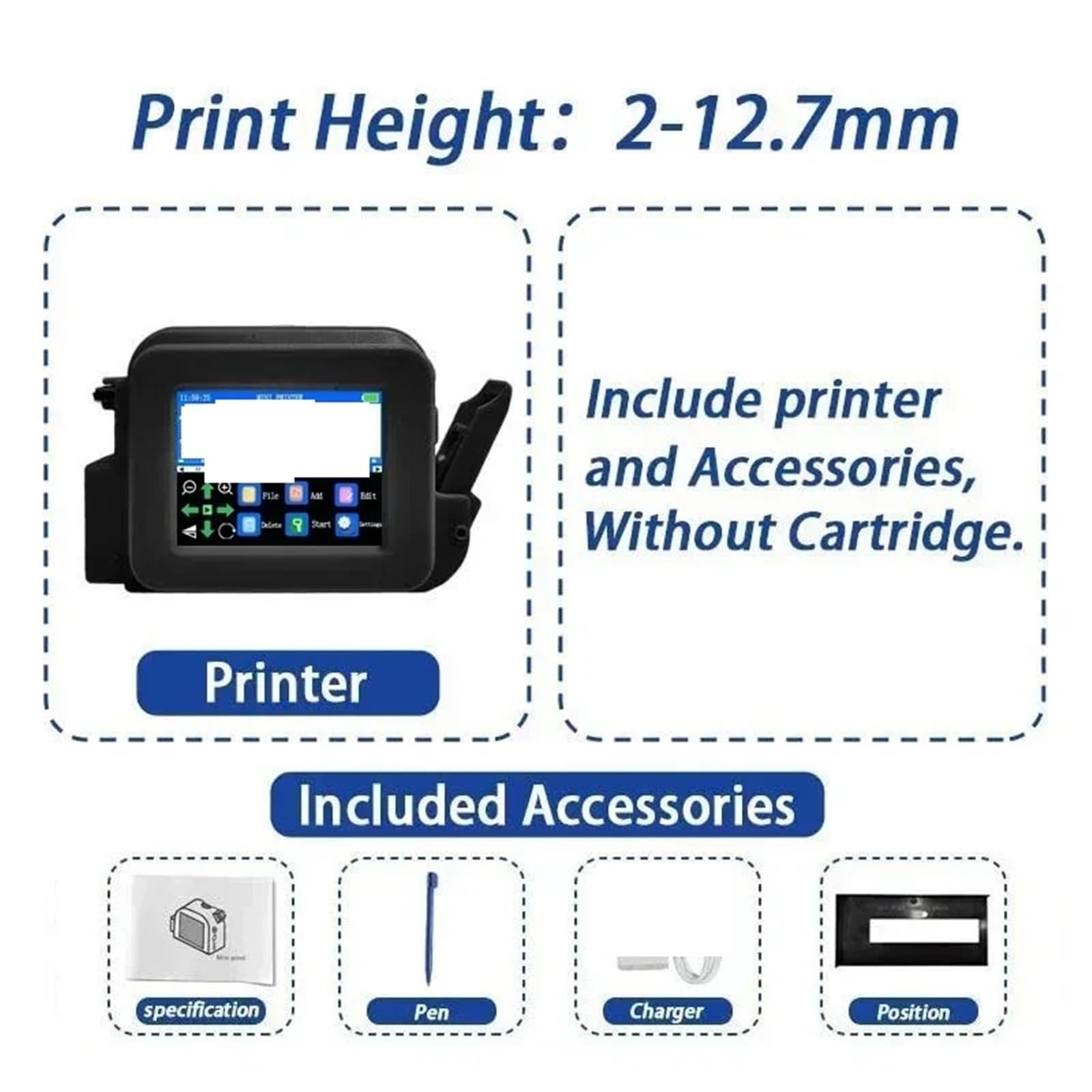Stampante a getto d'inchiostro portatile da 12,7 mm for etichette con codice a barre QR, numero di, data e con inchiostro ad asciugatura rapida(Without ink)