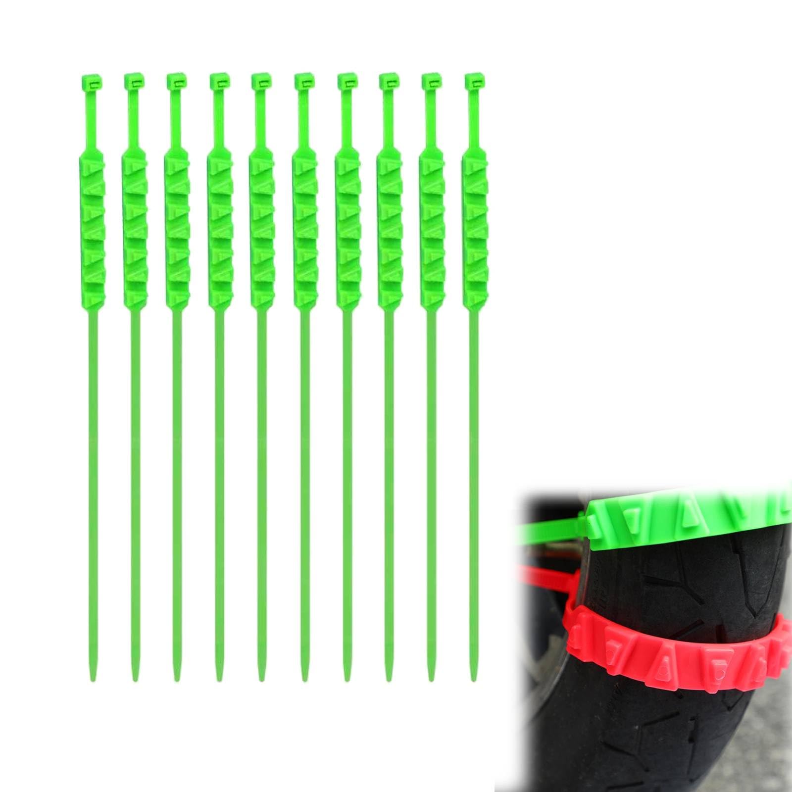 10-pack Electric Snow Scooter Nylon Anti-slip Tire Chains with Triangular Teeth, Reusable Winter Traction Chains for E-bikes, Motorcycles & Bicycles(Green, 50cm)