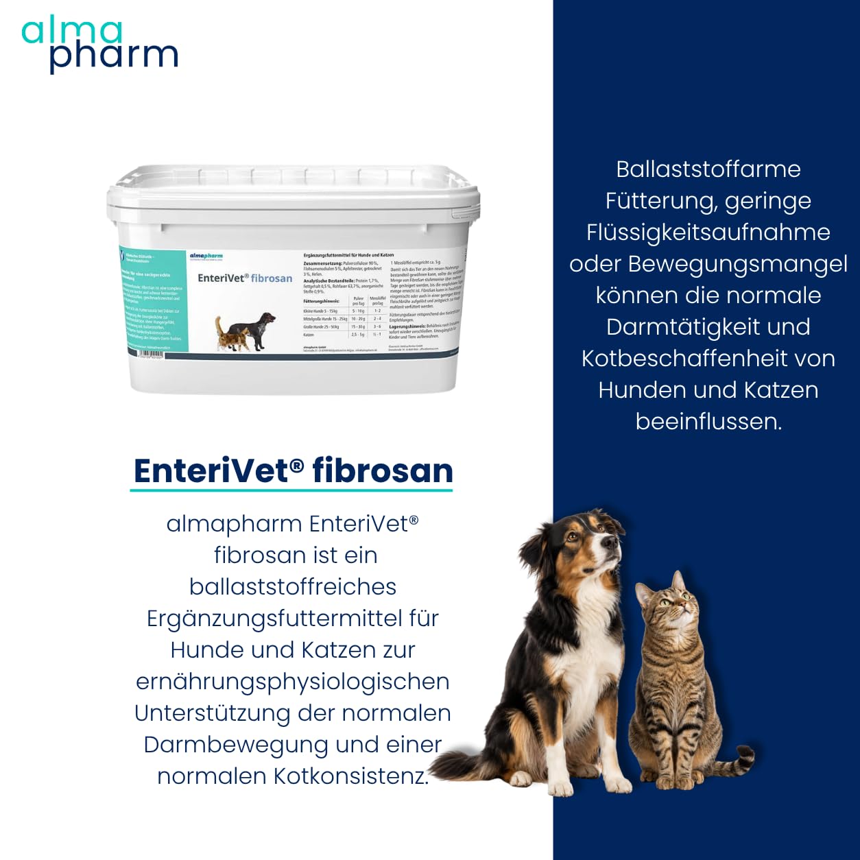 almapharm EnteriVet fibrosan | 1 kg | Ergänzungsfuttermittel für Hunde und Katzen | Leichtverdauliche Ballaststoffergänzung mit Cellulose | Zur Gewichtsreduktion ohne Hungergefühl