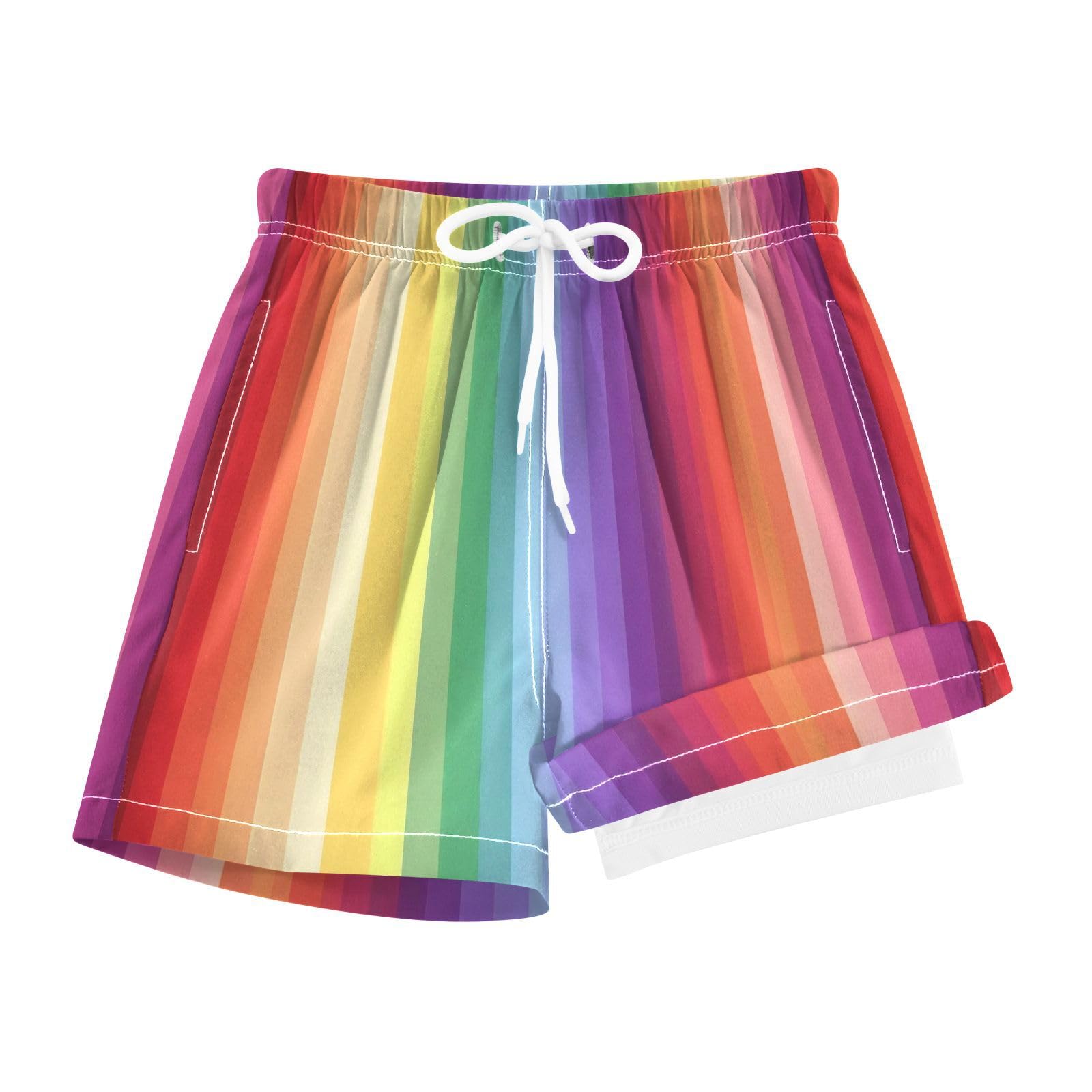 YANENDIE Boy Swim Trunks with Compression Liner Vertical Rainbow Stripe Boys Swim Shorts Quick Dry Beach Shorts