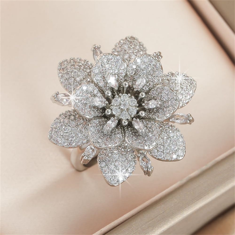 Kokoma Double Layered Rhinestone Flower Ring for Women Cubic Zirconia Geometry Sunflower Wrap Finger Band Adjustable Open Bands Rings Engagement Jewelry - Image 3