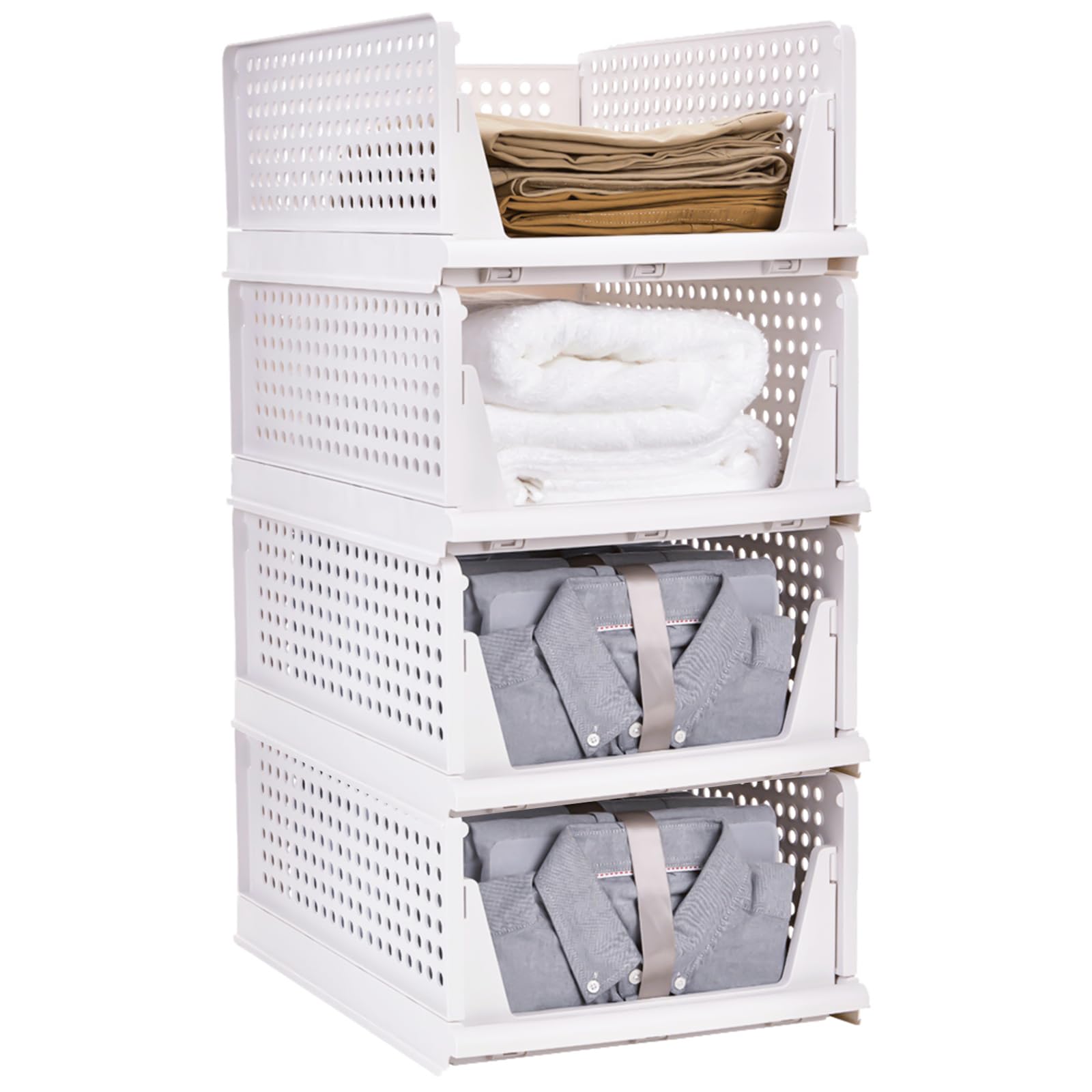 Supfine - Juego de 4 organizador para armario, organizador de ropa, cajón apilable, almacenamiento, organizador de plástico, caja de almacenamiento para dormitorio, armario (4 PACK-L, 33,5 x 42,5 x 74