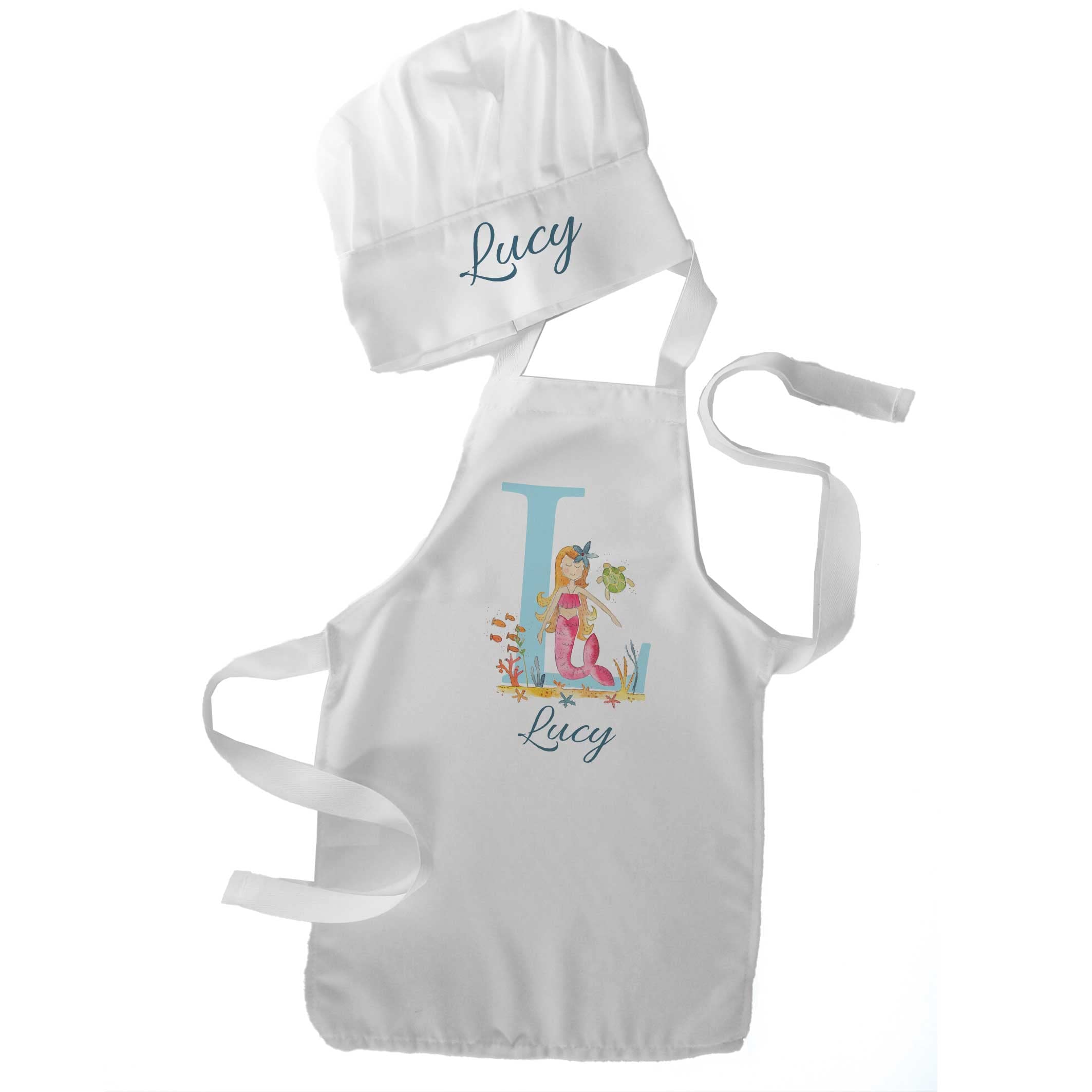 Personalised Kids Apron and Chef Hat Set – Custom Name Children Cooking Baking Set – Ages 5–10 Years – Girls Kitchen Baking Craft Apron – Multiple Designs – Birthday Gift UK (mermaid initial) — image 1