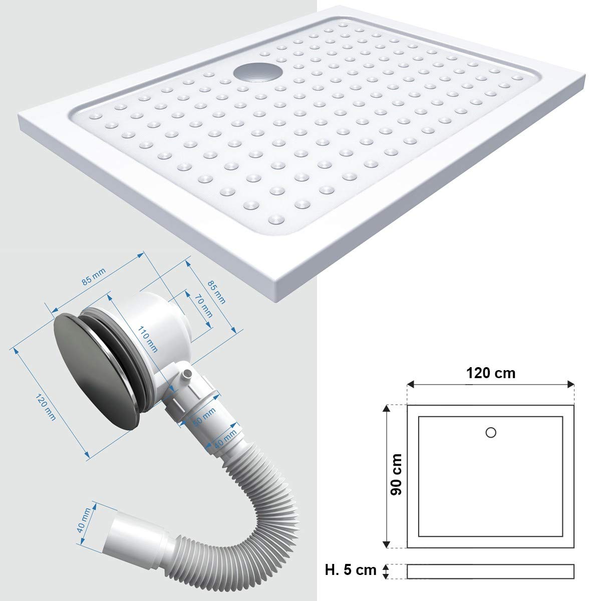 SANA Receveur de douche blanc 90 x 120 cm + siphon inclus