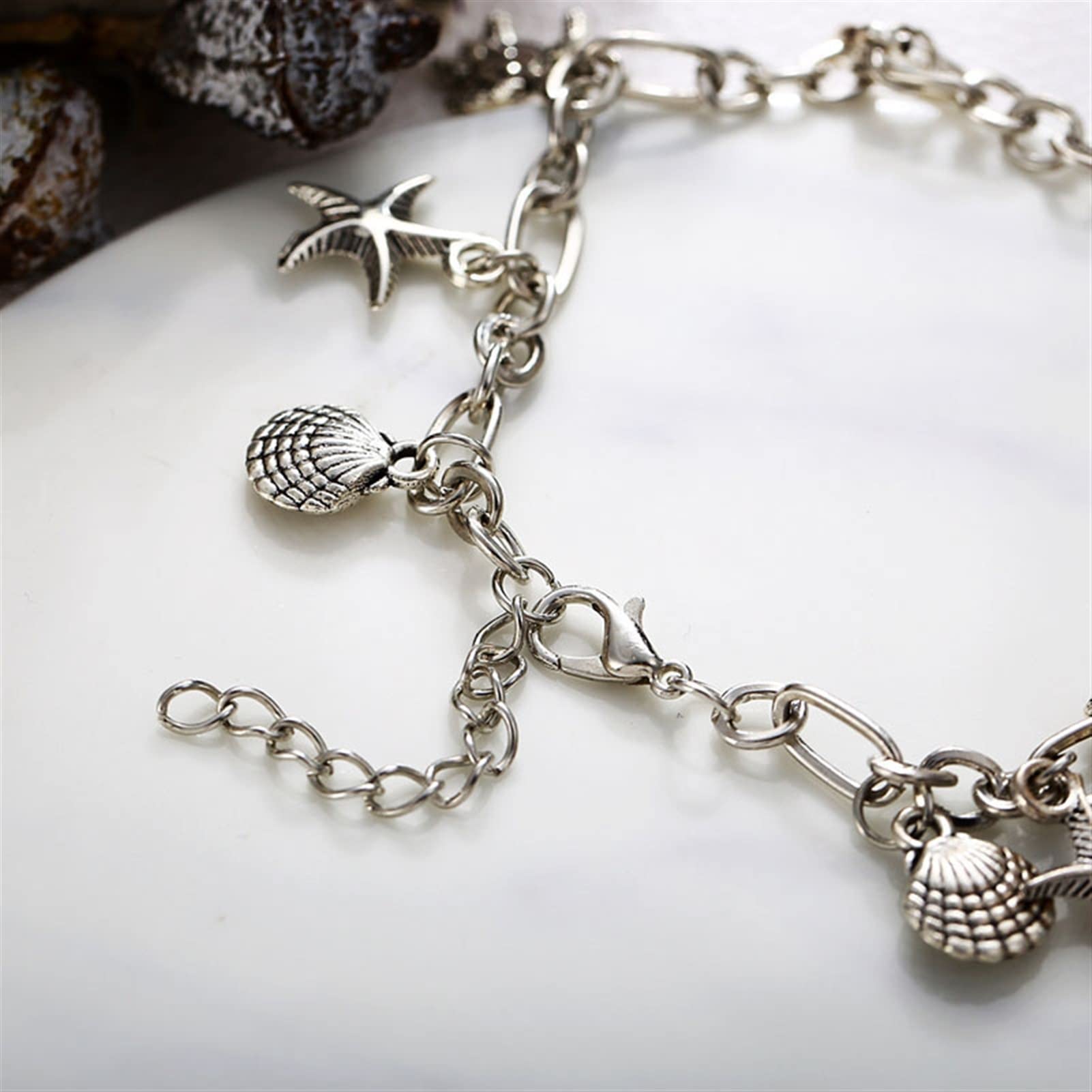 Fußkettchen für Damen, silberfarben, Strand-Design, Fußkettchen mit Muscheln und Schildkröten-Anhängern, Beinkette, Fußkettchen für Damen, Schmuck, Accessoires, Fußkettchen für Damen