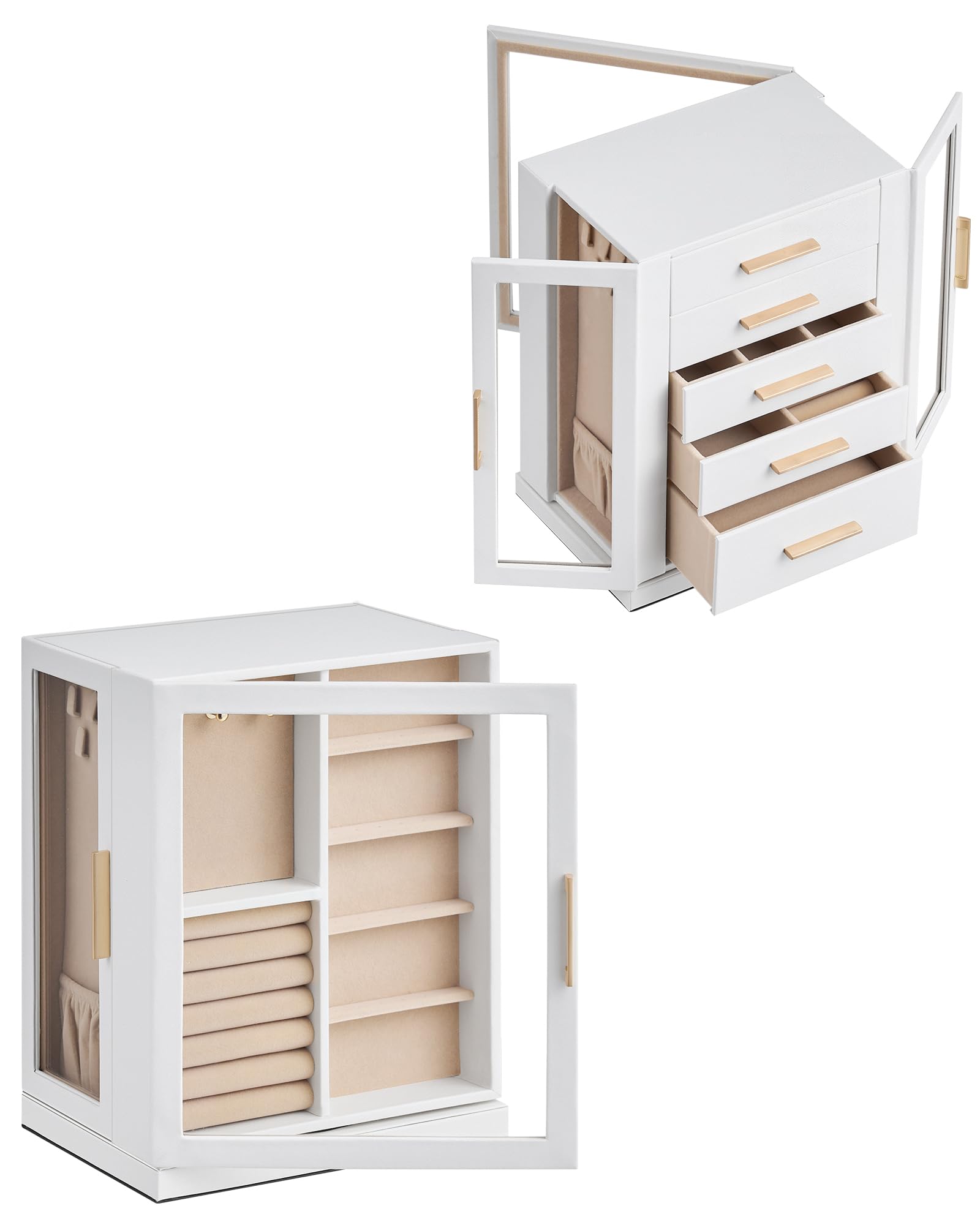 360° Rotating Jewelry Box with 5 Drawers, Spacious Vertical Jewelry Organizer with Glass Window, Jewelry Storage Case, Dustproof & Moisture-resistant Design, White