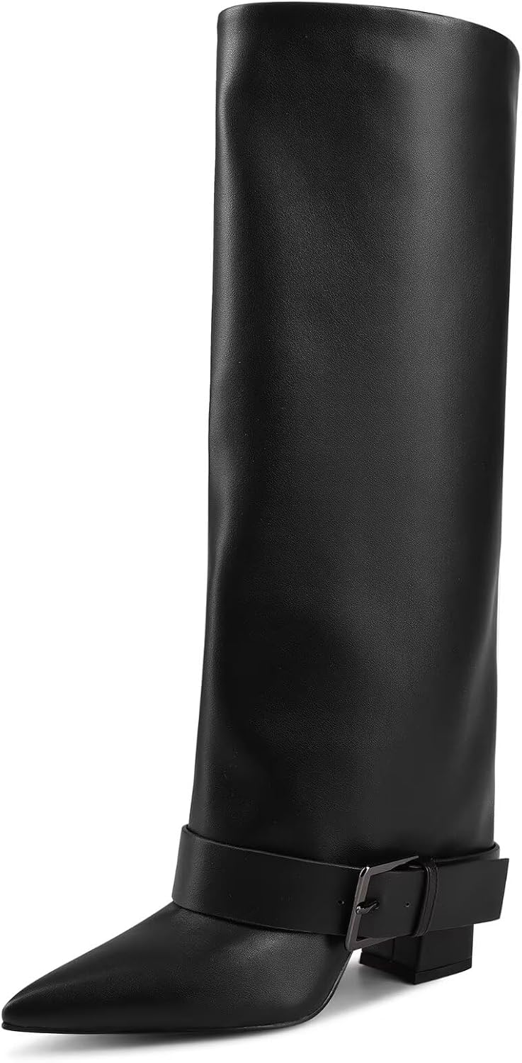 Knee High Boots Women Fold Over Chunky High Heel Wide Calf Pointed Toe Boots Belt Buckle Fall Long Boot for Women