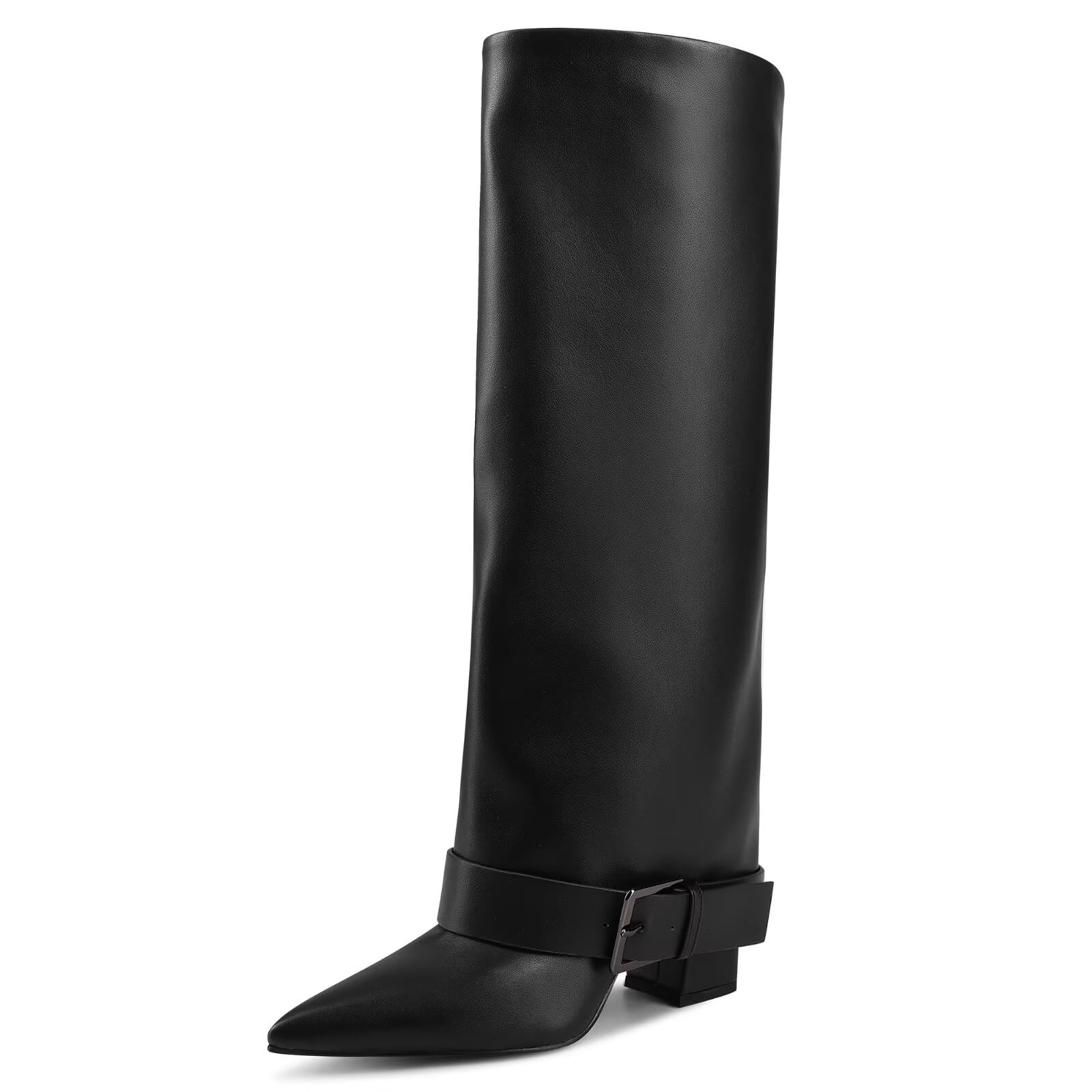 Knee High Boots Women Fold Over Chunky High Heel Wide Calf Pointed Toe Boots Belt Buckle Fall Long