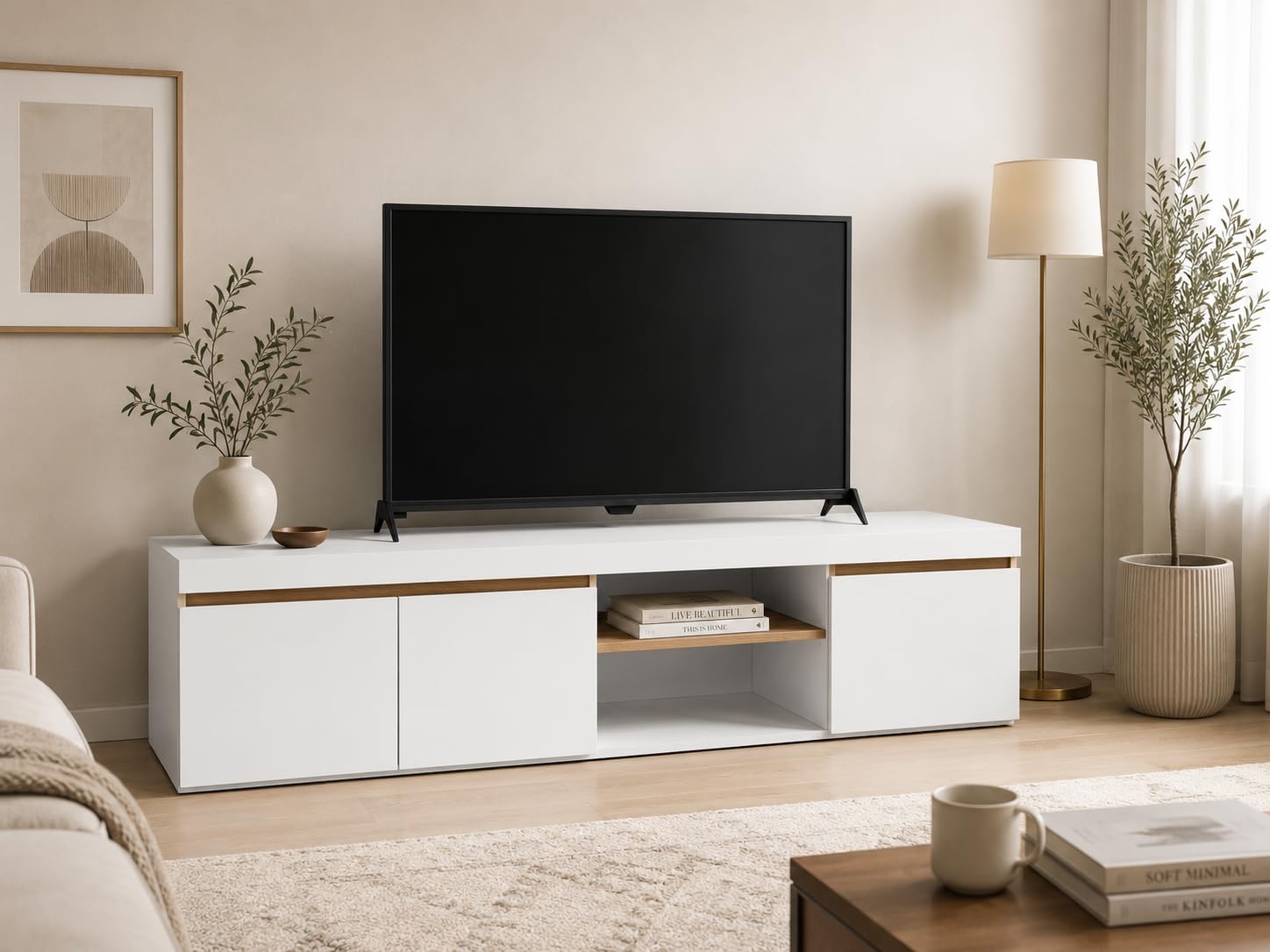 Meuble TV Blanc et Bois 160x40,5x39,6 cm – Meuble Bas Design Moderne avec 3 Portes et Niche, pour Salon ou Chambre.