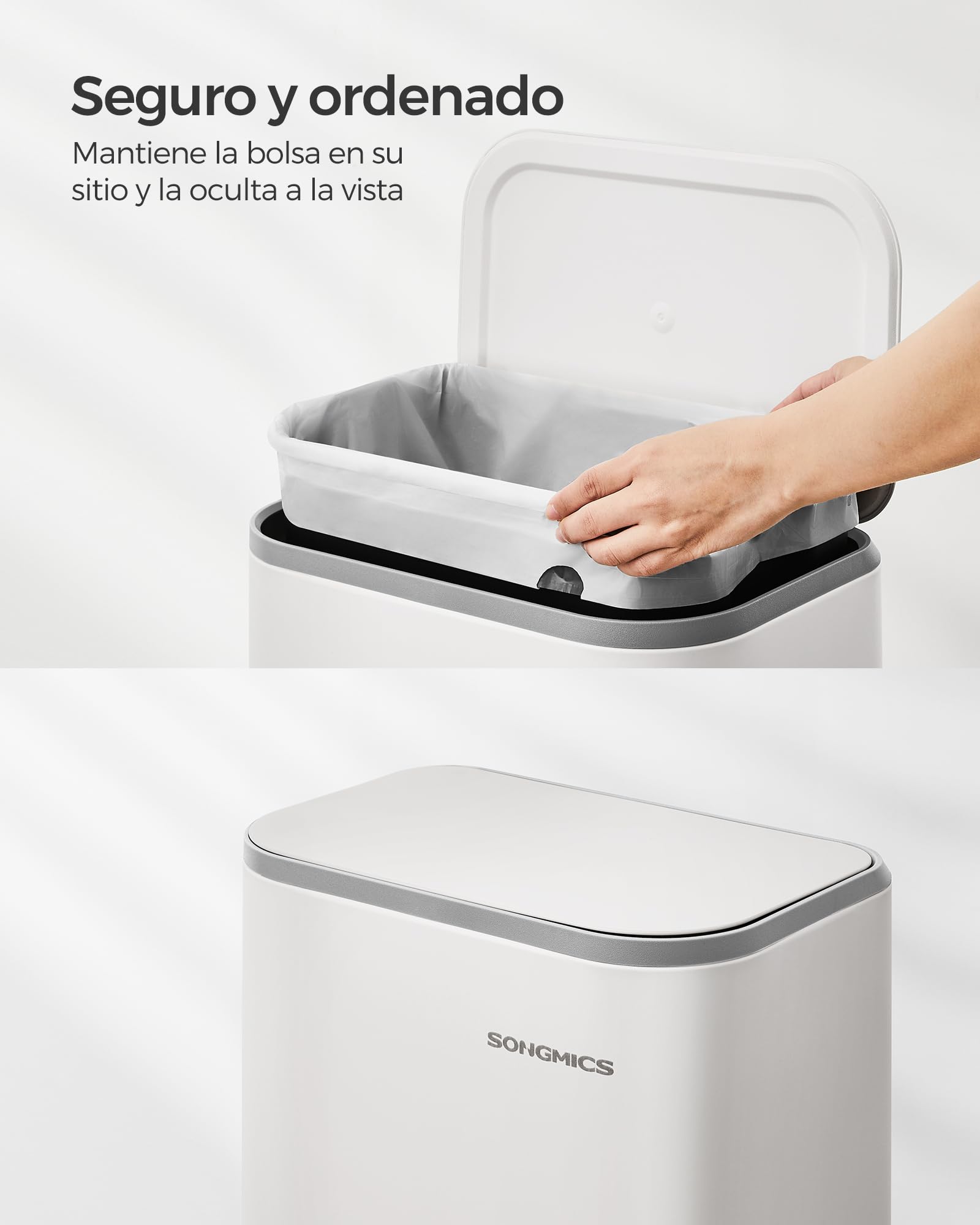 SONGMICS Cubo de Basura de Cocina, Cubo de Pedal 20 L, Cubo Basura de Acero, Tapa con Cierre Suave, Permanece Abierto, Cubo Interior, Pedal Antideslizante Ancho, Blanco Nube LTB542W02