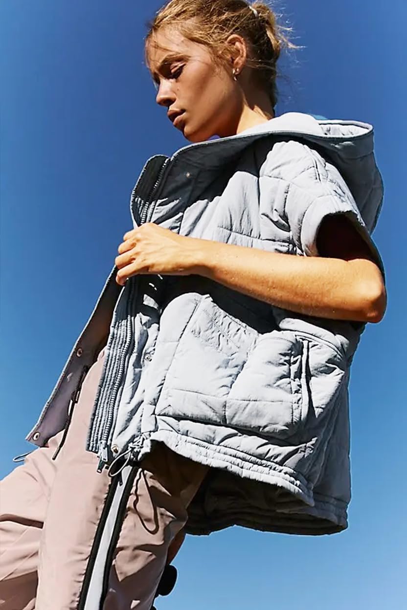 Women's Quilted Puffer Vest with Zip Up Hoodie Oversized Short Sleeves Jacket Casual Outdoor Gilet Outerwear - Image 3