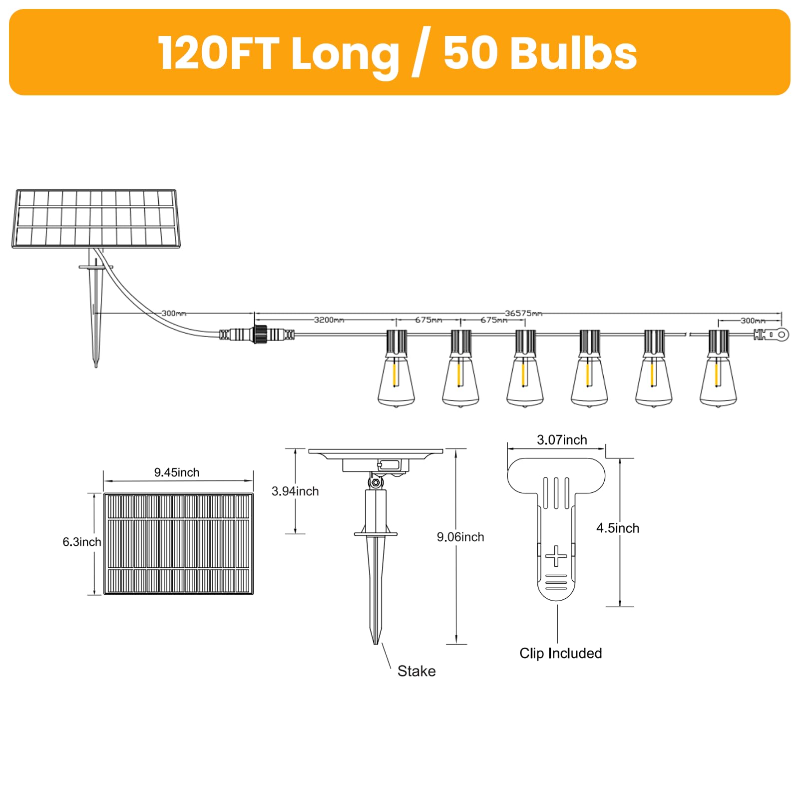 Torkase Catena luminosa solare per esterni, 120FT/36M ST38, catena luminosa da giardino con 50 + 2 LED in plastica, ricarica solare, 4 modalità, impermeabile, per giardino, terrazza, matrimonio,