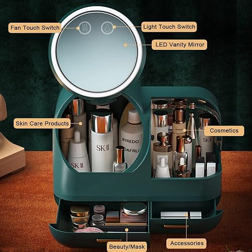 Miniatura 4 de osea Caja de almacenamiento de cosméticos, organizador de maquillaje portátil con espejo y ventilador de luz LED, cajón de joyas recargable