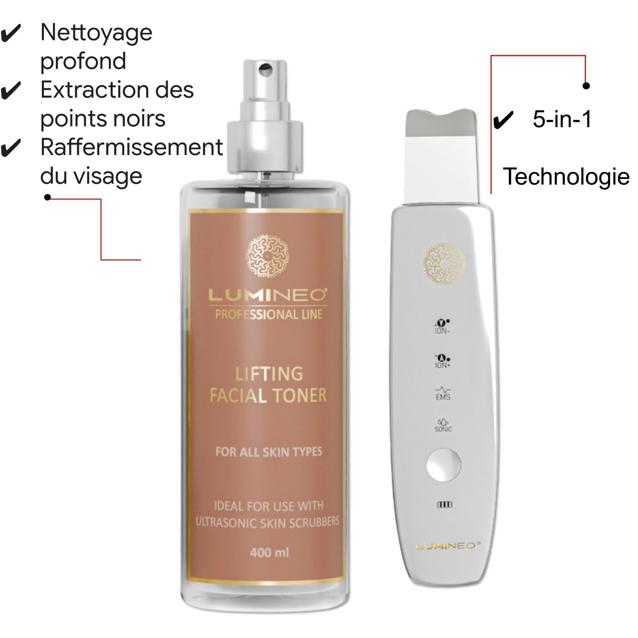 Lumineo Appareil de Gommage à Ultrasons Skin Scrubber 4 Fonctions Ultrasons Ions EMS LED