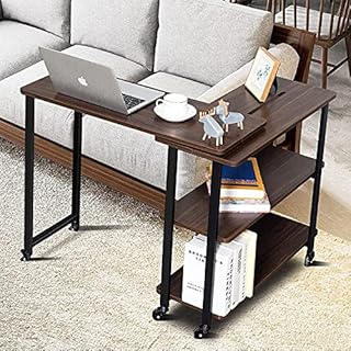 COSTWAY Corner Computer Desk, 360° Rotating Coffee Snack End Table with 2-Tier Storage Shelves, Mobile Sofa Side Table PC Laptop Workstation for Home Office Living Room (Walnut)