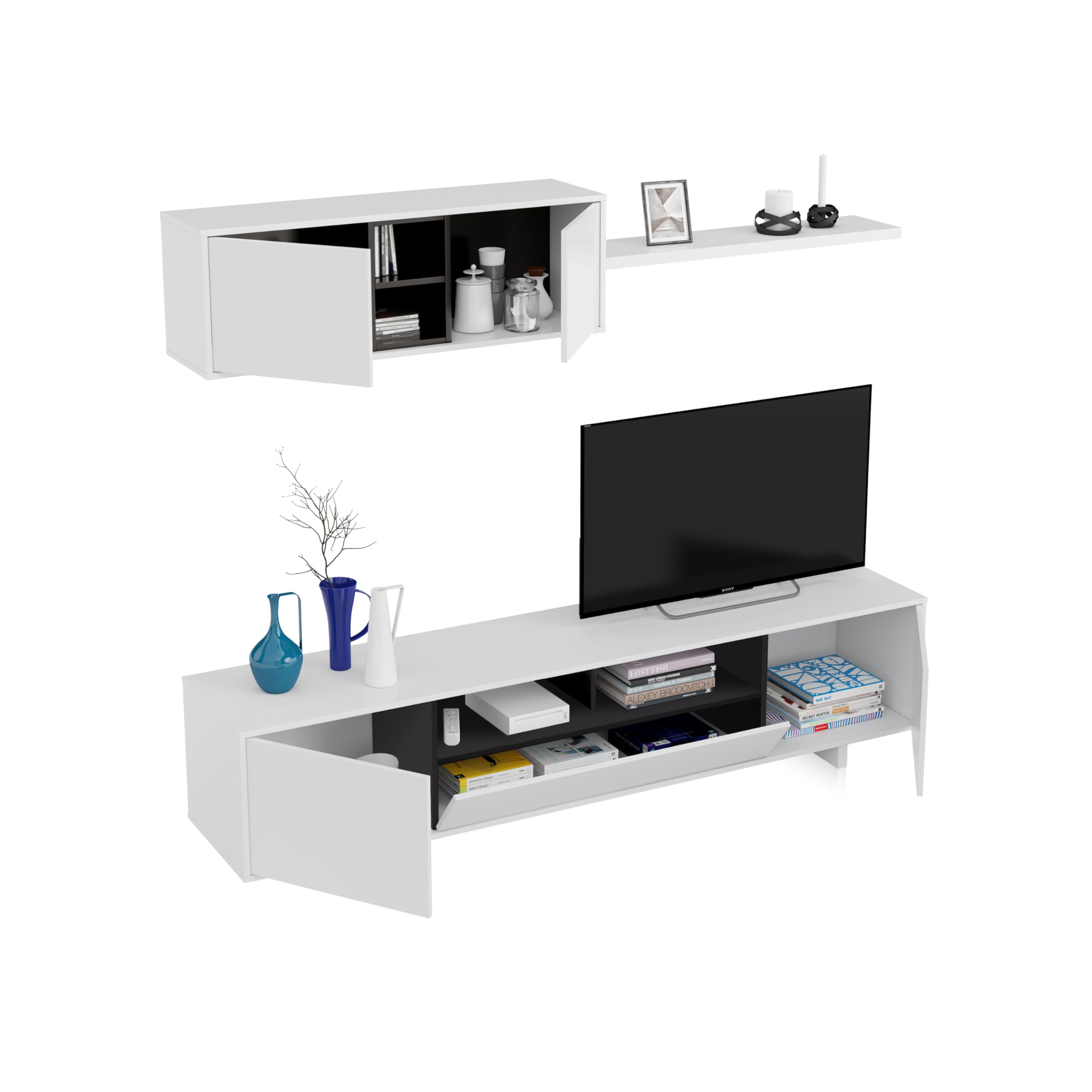 Habitdesign Mueble de Salon Moderno, Modulos Comedor, Modelo Belus, Acabado en Blanco Brillo y Gris Antracita, Medidas: 200 cm (Ancho) x 41 cm (Fondo) x 46 cm (Alto)