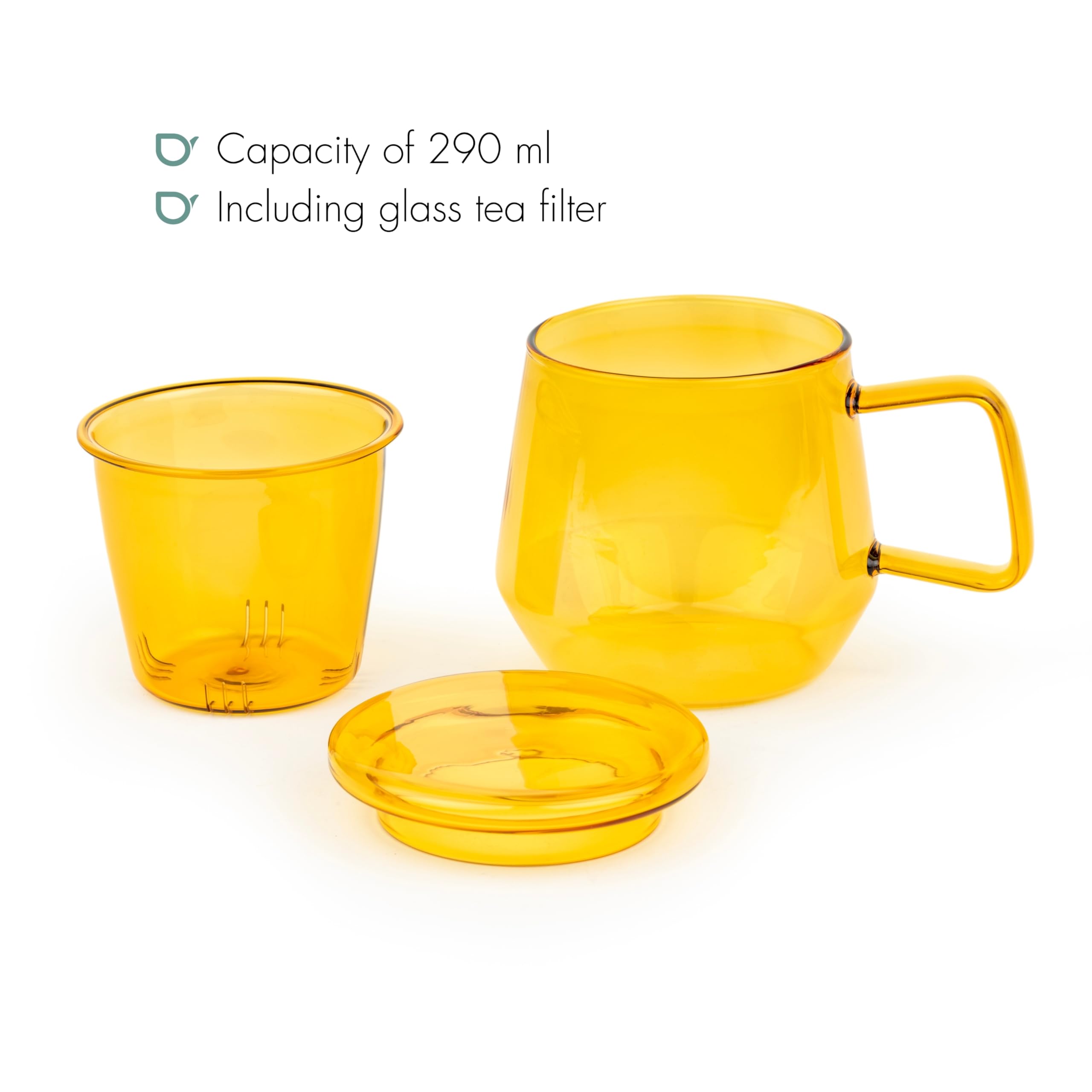 Bredemeijer Vaso de té de 350 ml con filtro de té de cristal y tapa de cristal – Taza de té de cristal transparente y amarillo para 1 taza de té suelto